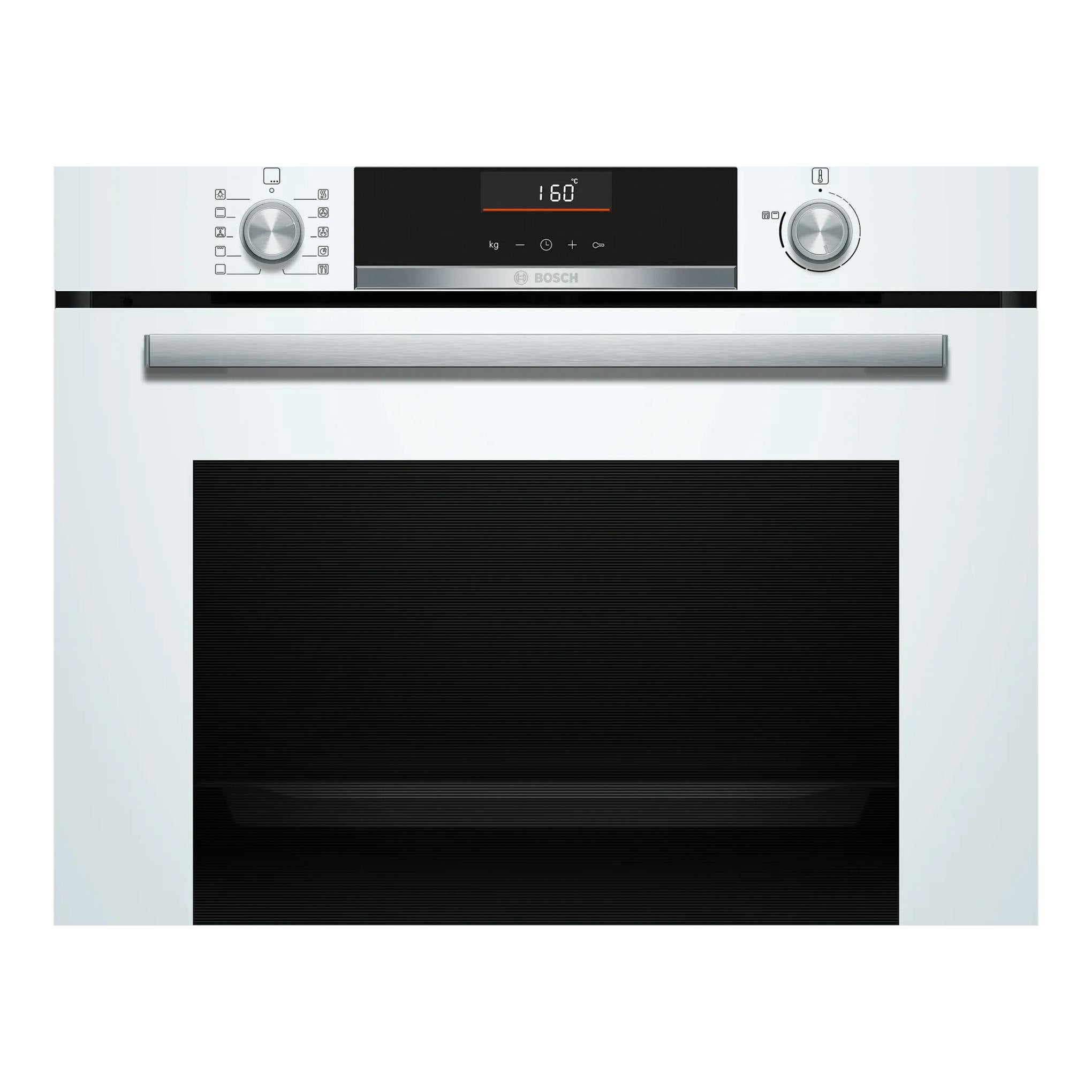 Horno empotrable Bosch HBG536EW3 blanco, vista frontal, con puerta de cristal negro y panel digital.