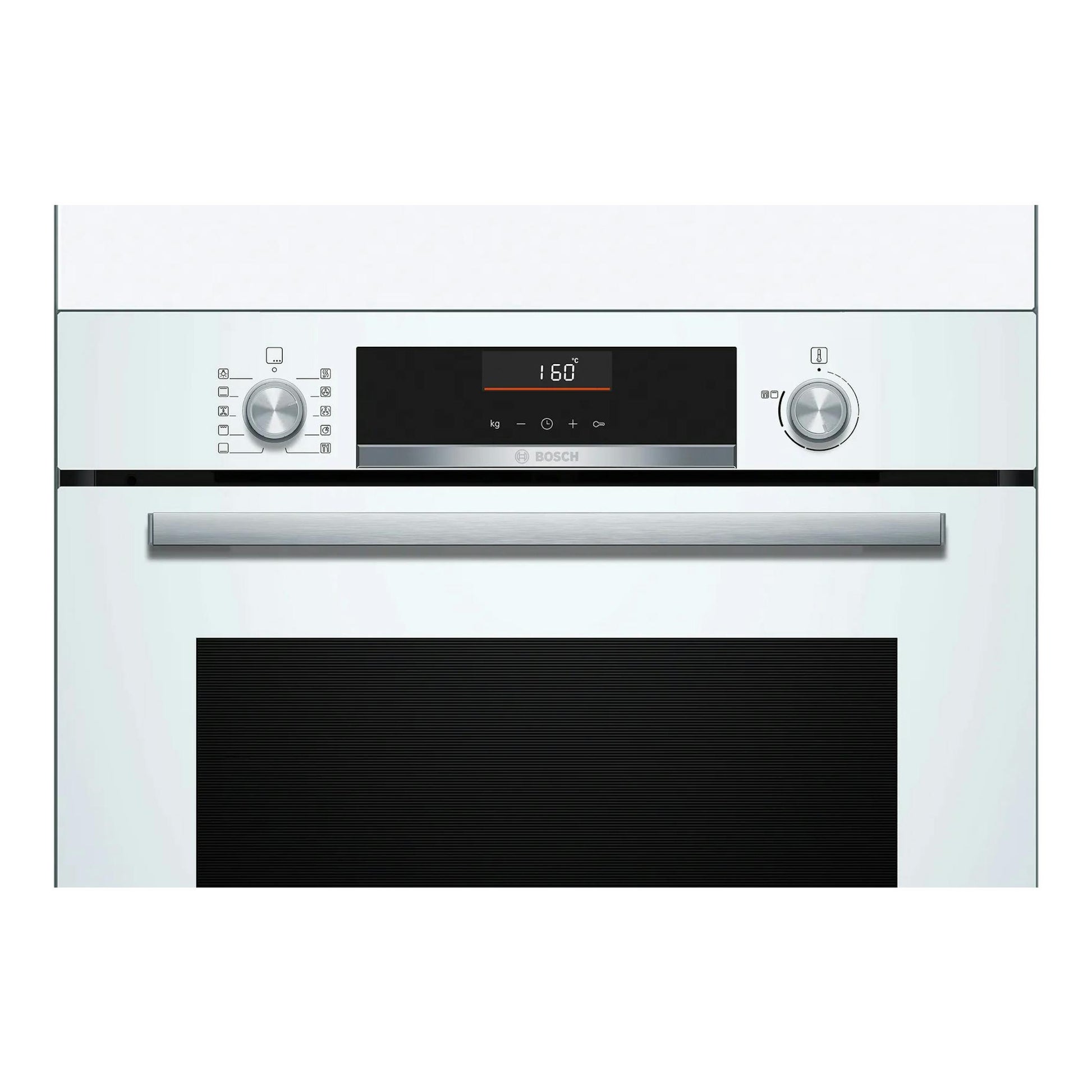 Horno Bosch HBG536EW3 blanco, vista frontal, con pantalla central y dos mandos giratorios.