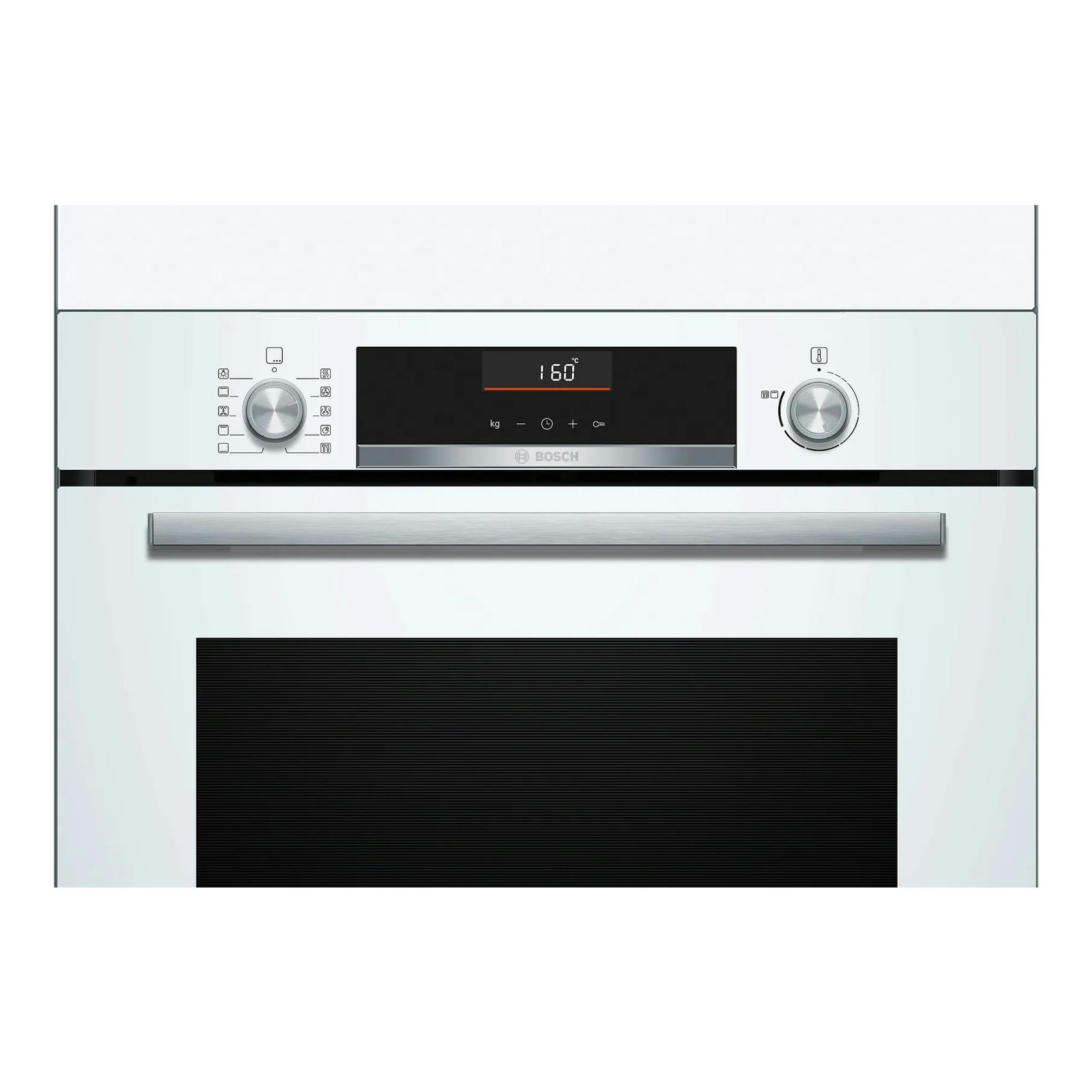 Horno Bosch HBG536EW3 blanco, vista frontal, con pantalla central y dos mandos giratorios.
