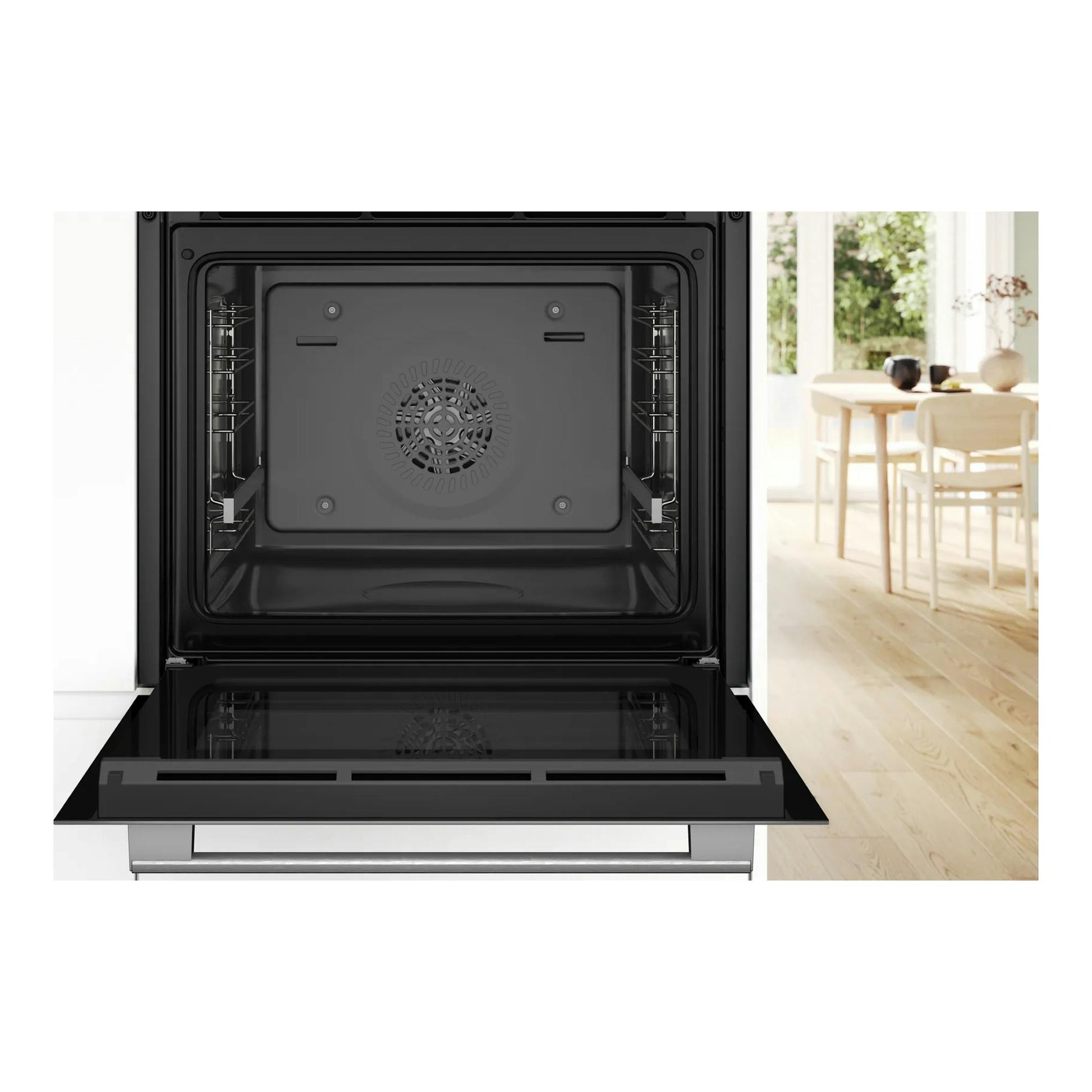 Horno Bosch HBG536EW3 empotrado, puerta abatible abierta, interior negro visto de frente.