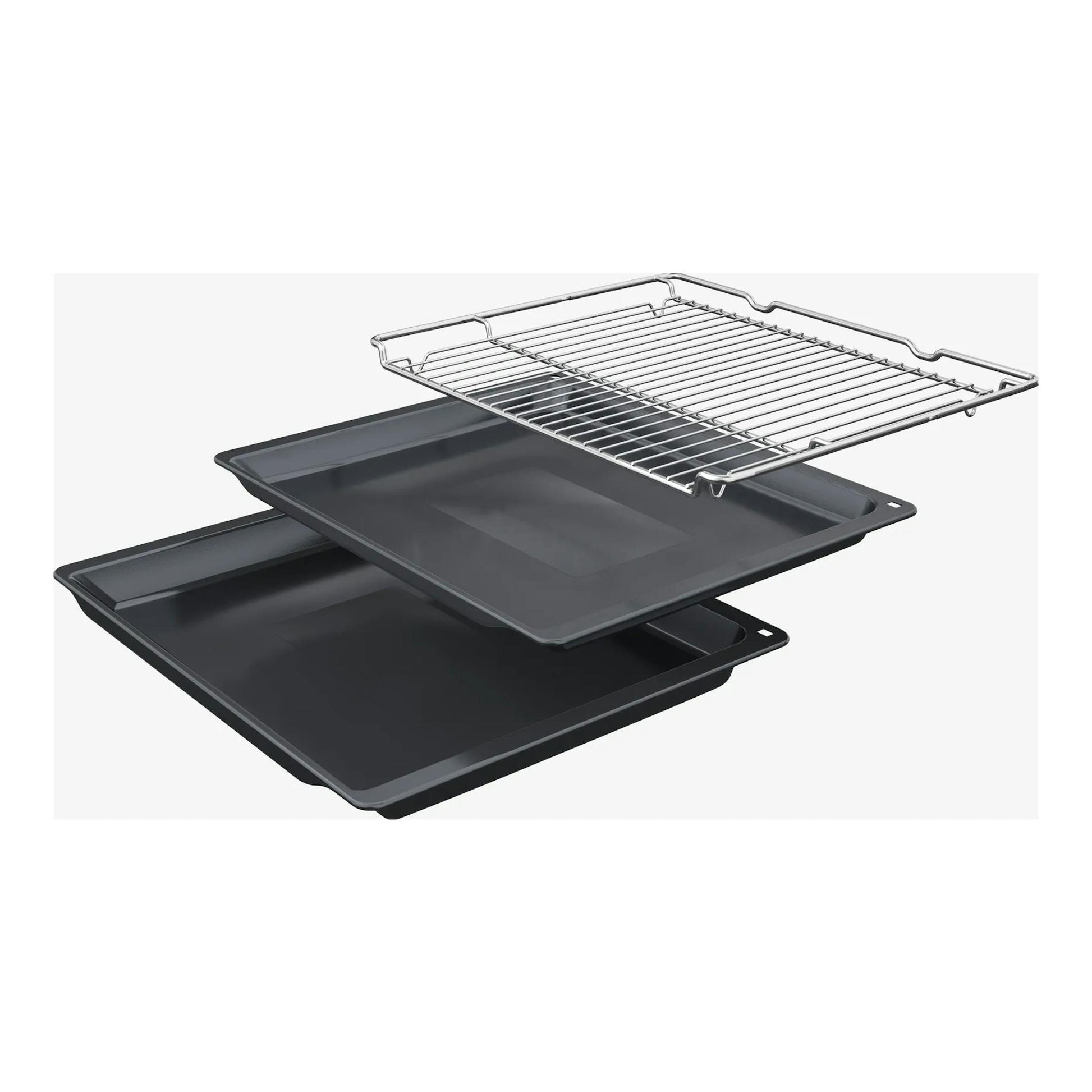 Bosch HBG536EW3: dos bandejas de horno negras y una rejilla metálica, vista en diagonal sobre fondo blanco.
