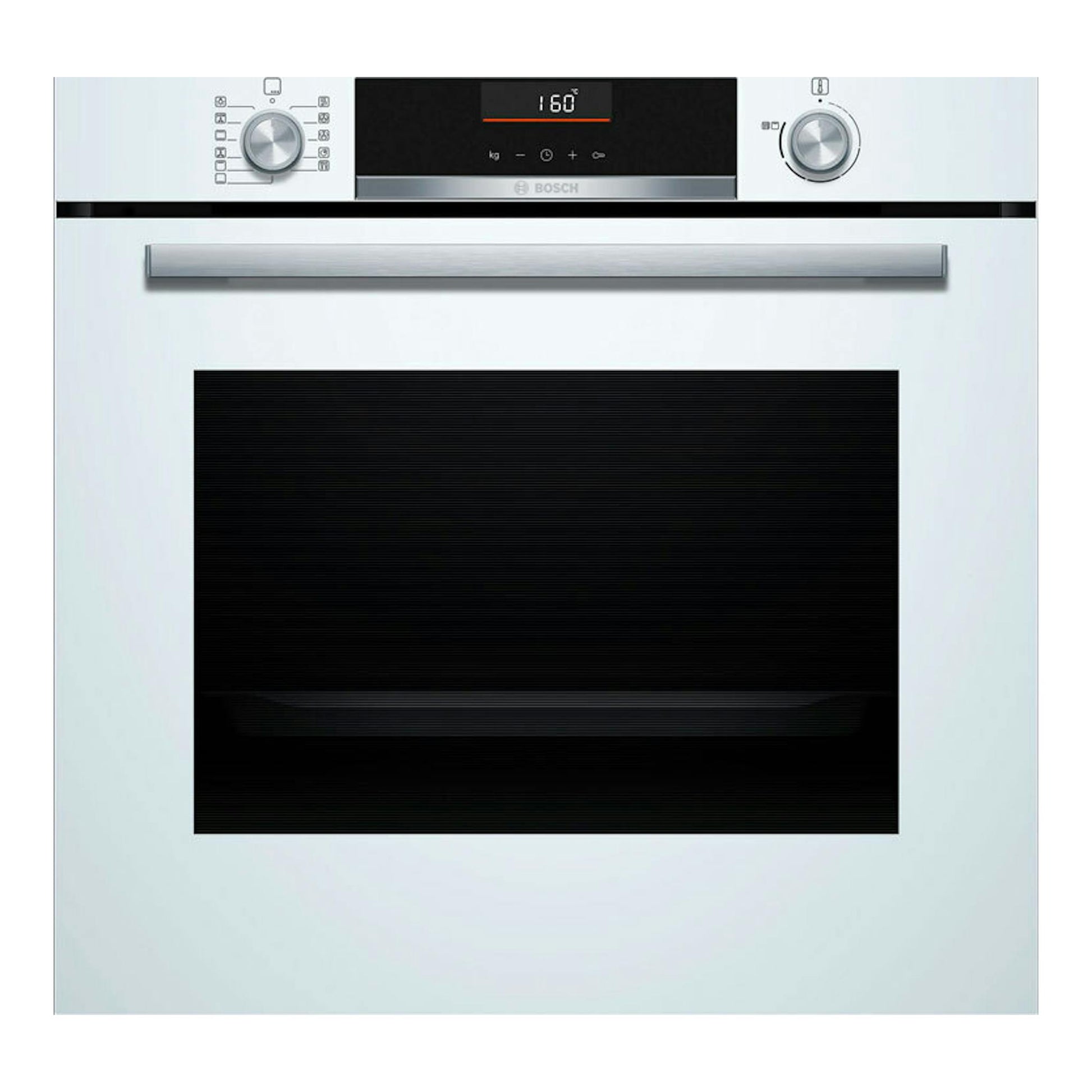Horno Bosch HBG536EW4 blanco, vista frontal, con dos mandos, display central y puerta de cristal negro.