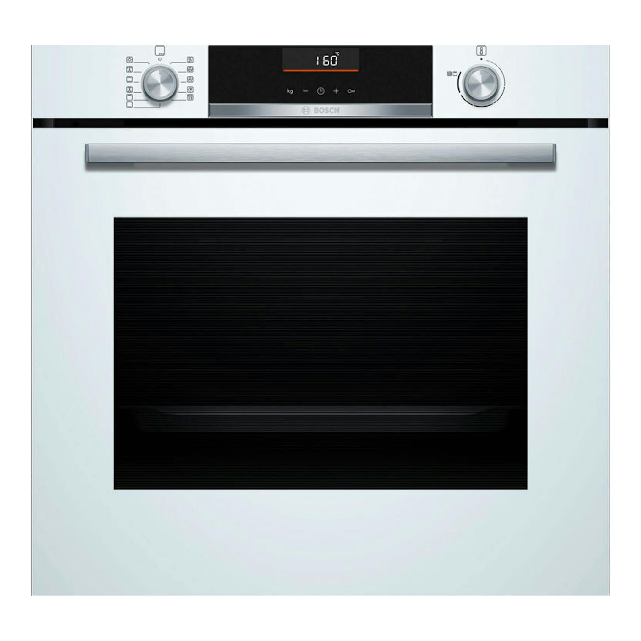 Horno Bosch HBG536EW4 blanco, vista frontal, con dos mandos, display central y puerta de cristal negro.