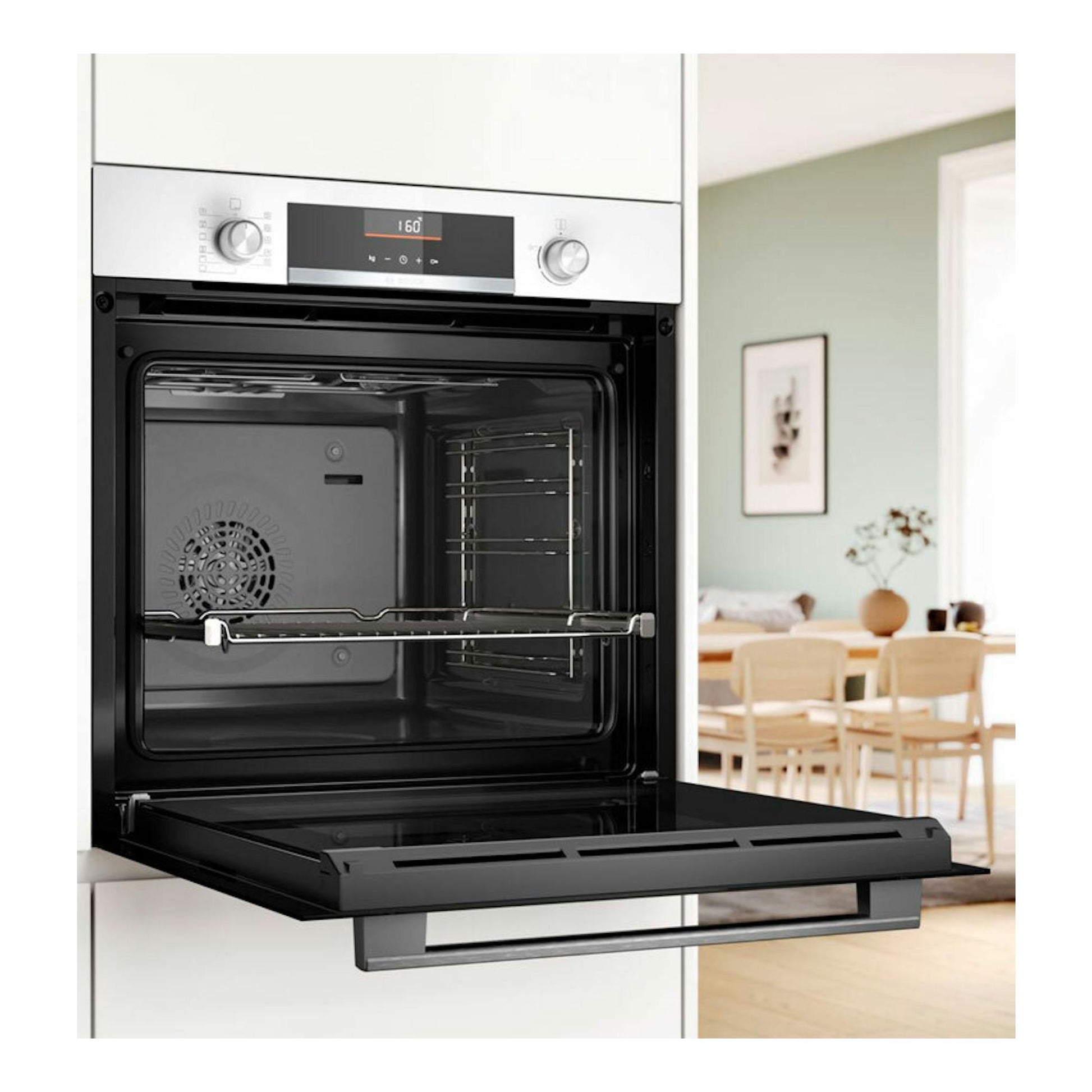 Horno Bosch HBG536EW4 blanco, de frente, con puerta abatida abierta y panel negro.