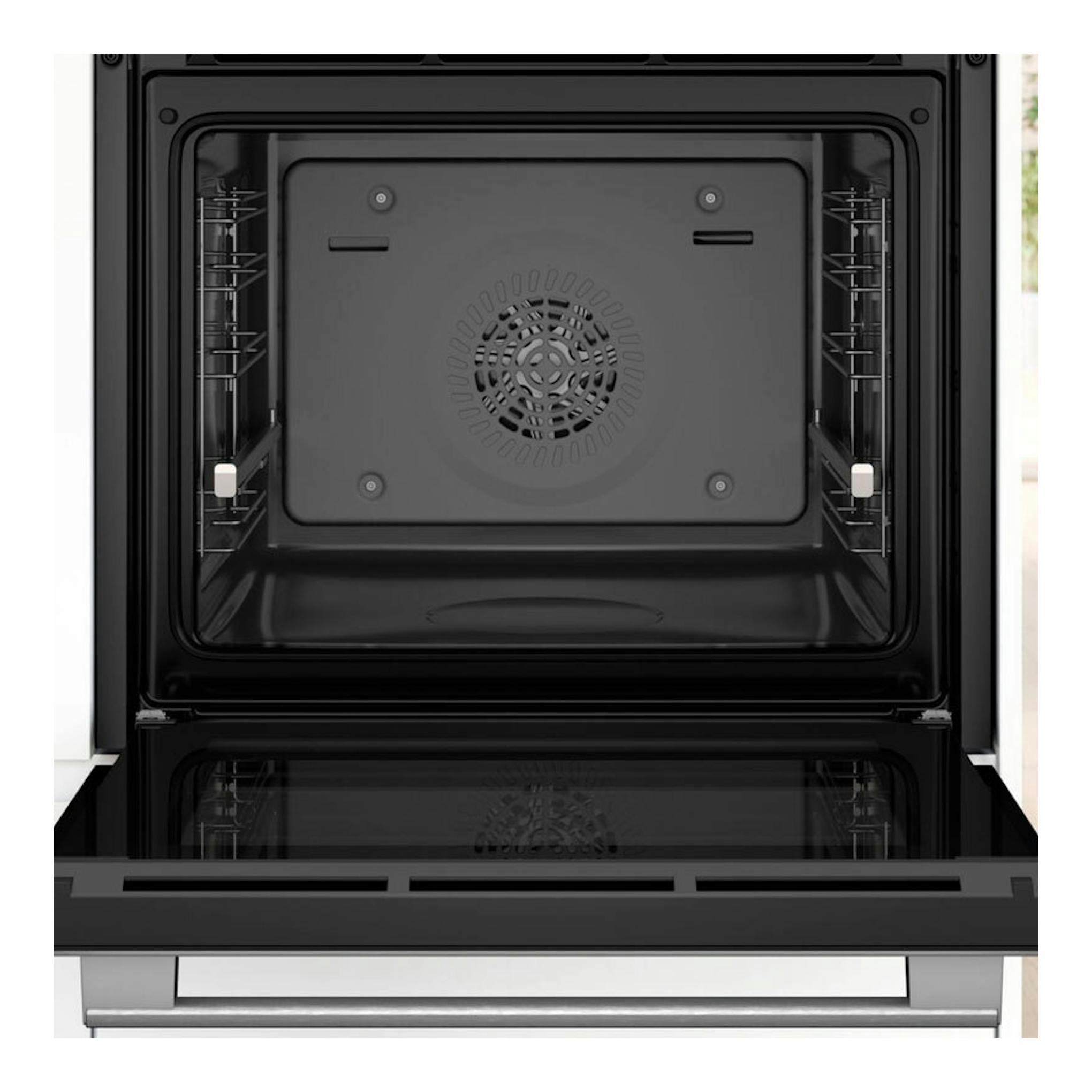 Horno Bosch HBG536EW4 blanco, vista frontal con la puerta abatida y el interior negro visible.