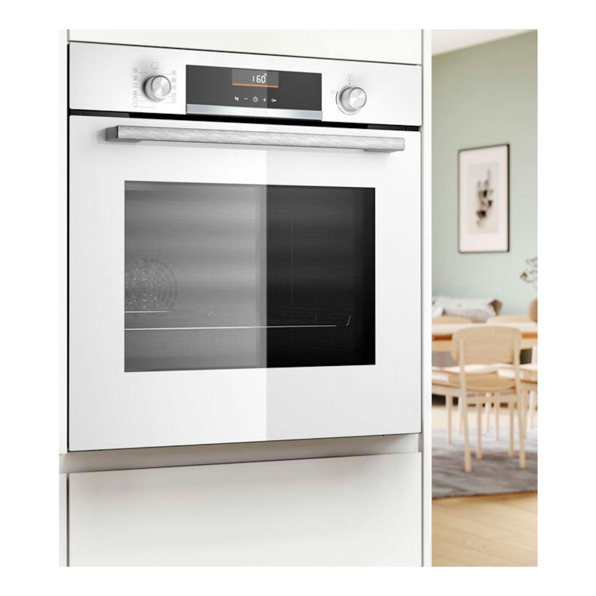 Horno Bosch HBG536EW4 blanco, vista frontal, con panel digital y puerta de cristal.