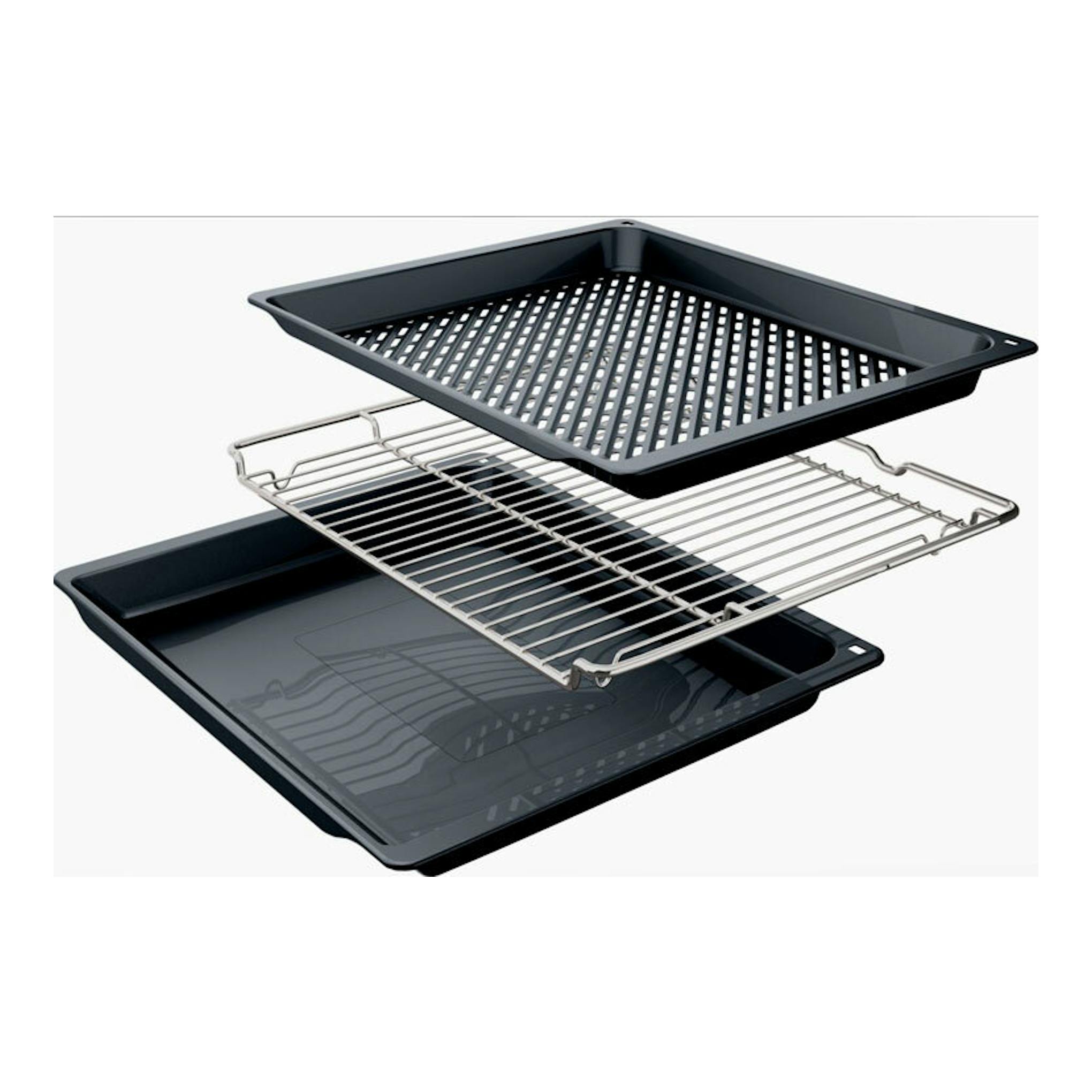 Accesorios de horno Bosch: dos bandejas negras y una rejilla metálica, vista en explosión.