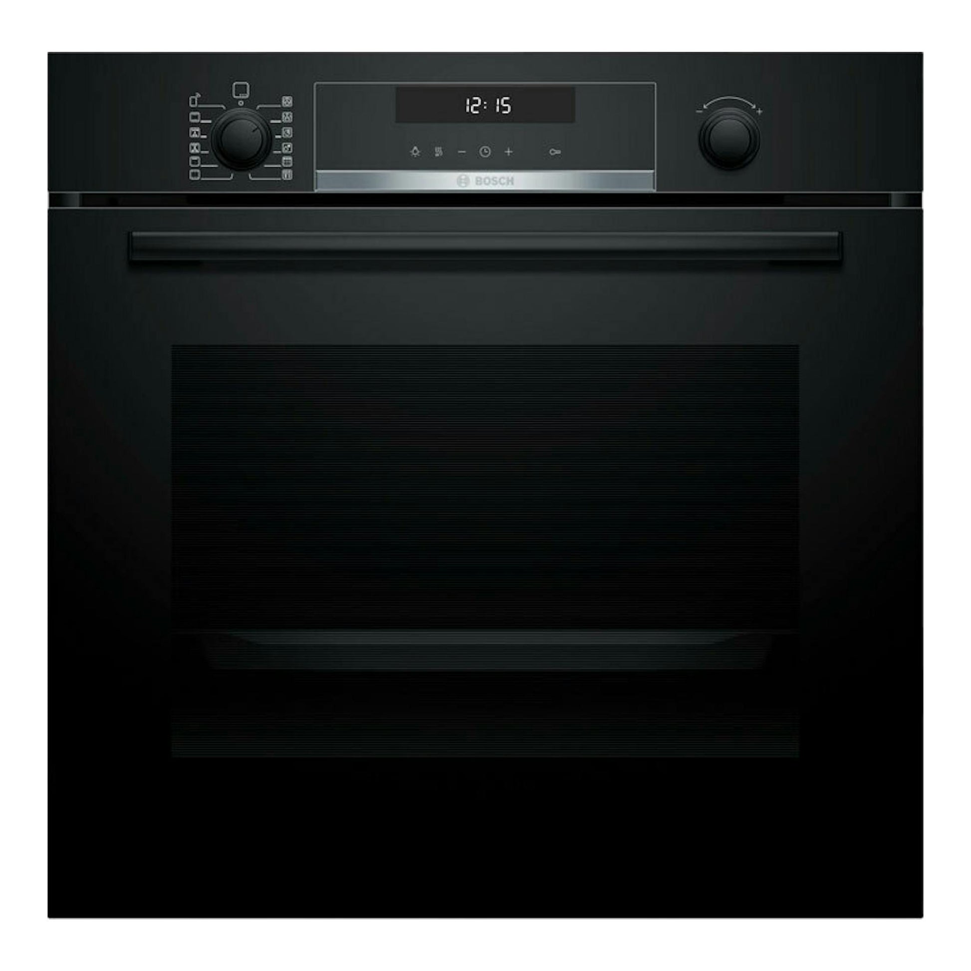 Horno Bosch HBG578EB7 negro, vista frontal, con panel digital y dos mandos.