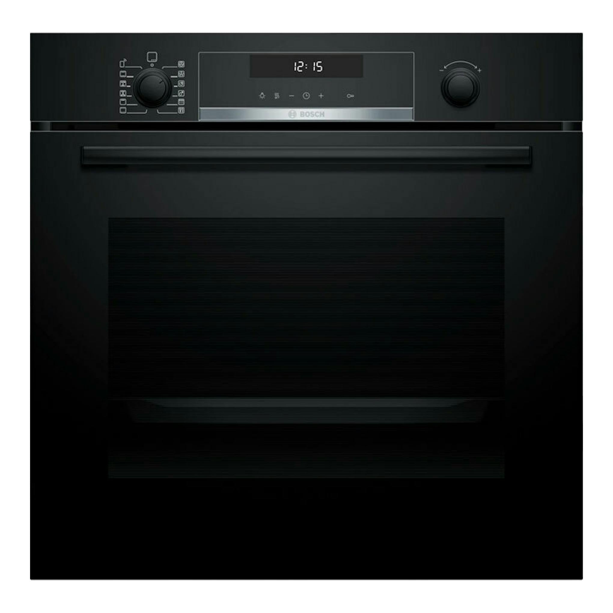 Horno Bosch HBG578EB7 negro, vista frontal, con panel digital y dos mandos.