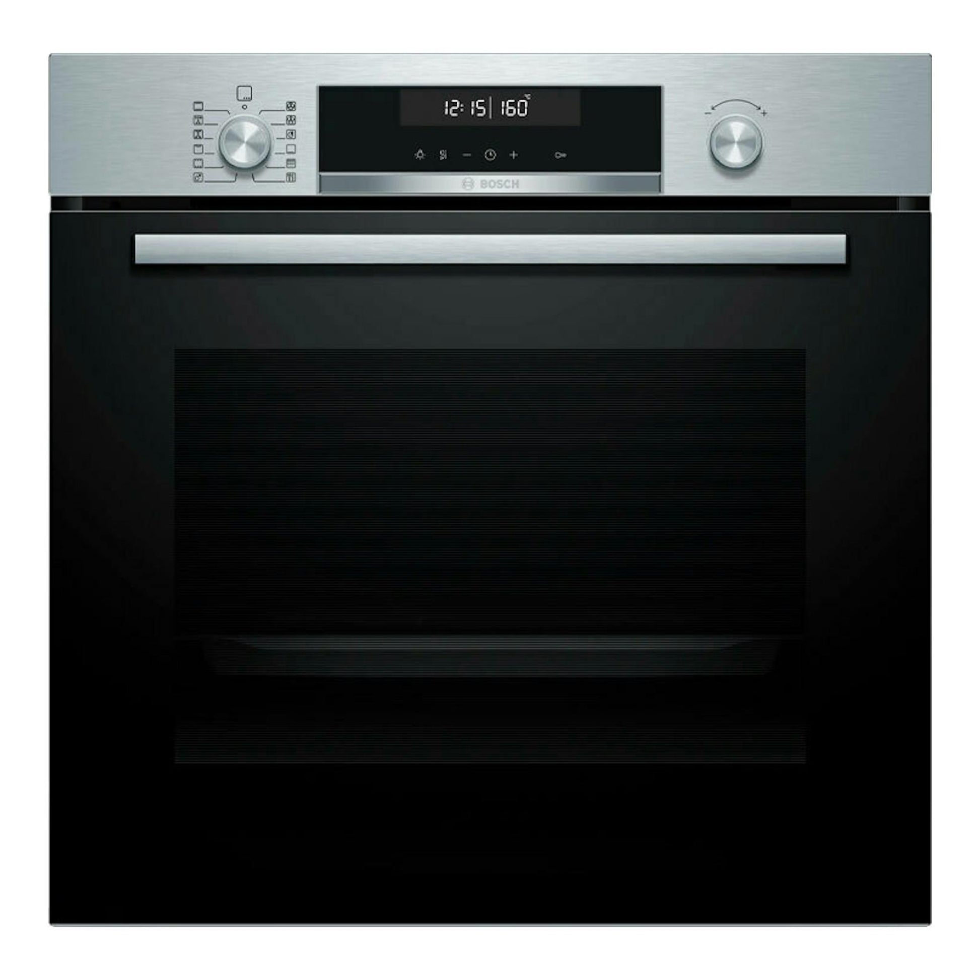 Horno Bosch HBG578ES3 inox, vista frontal, panel superior gris con display digital y puerta negra.
