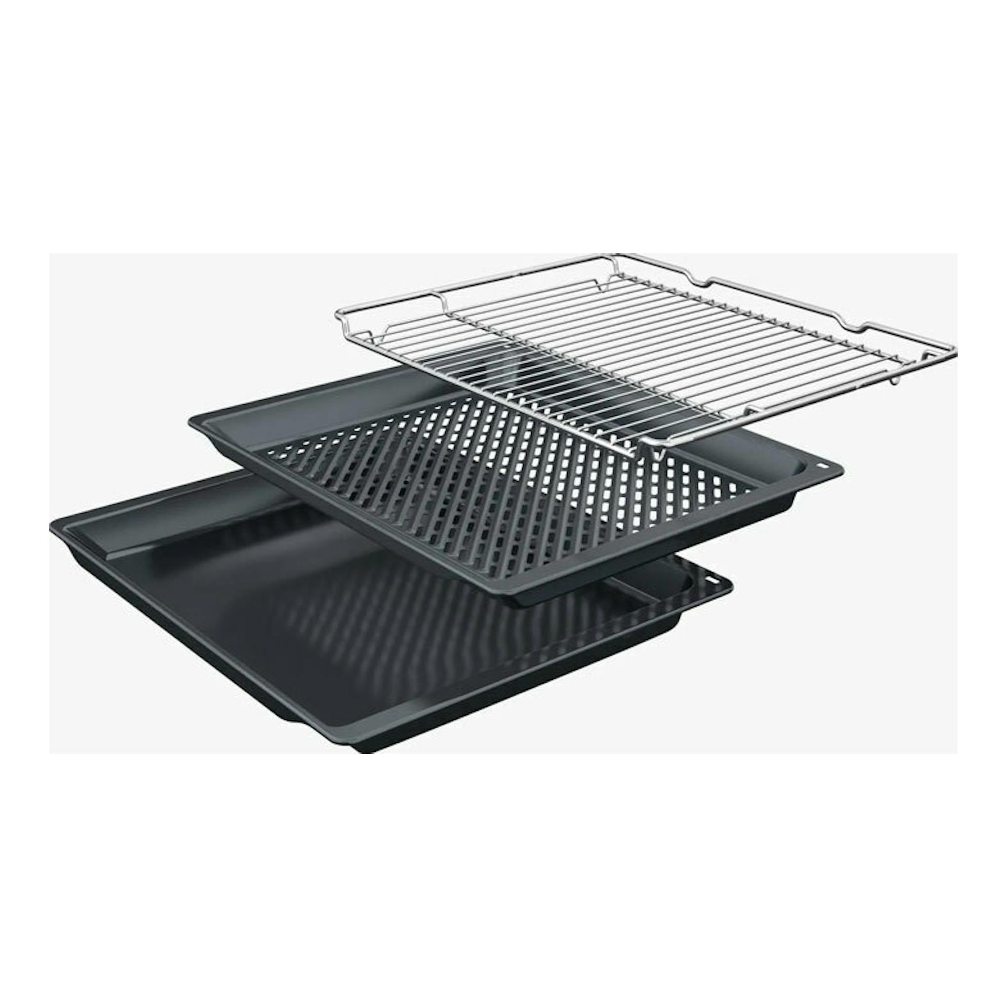 Bosch HBG578ES3 inox: tres bandejas negras y rejilla metálica, en vista de perspectiva sobre fondo blanco.