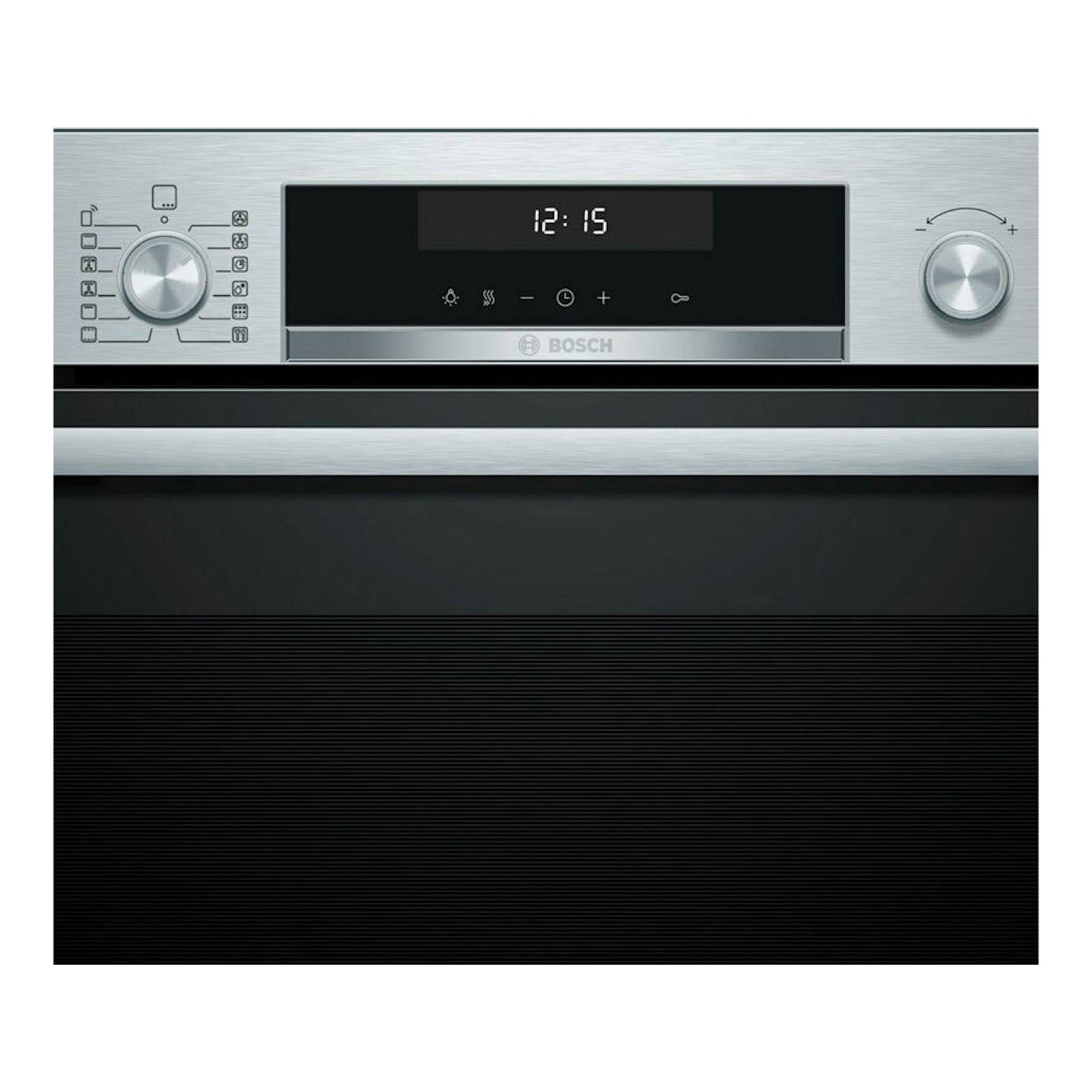 Horno Bosch HBG578ES7 de acero inoxidable, vista frontal, con panel negro, reloj digital y dos mandos.
