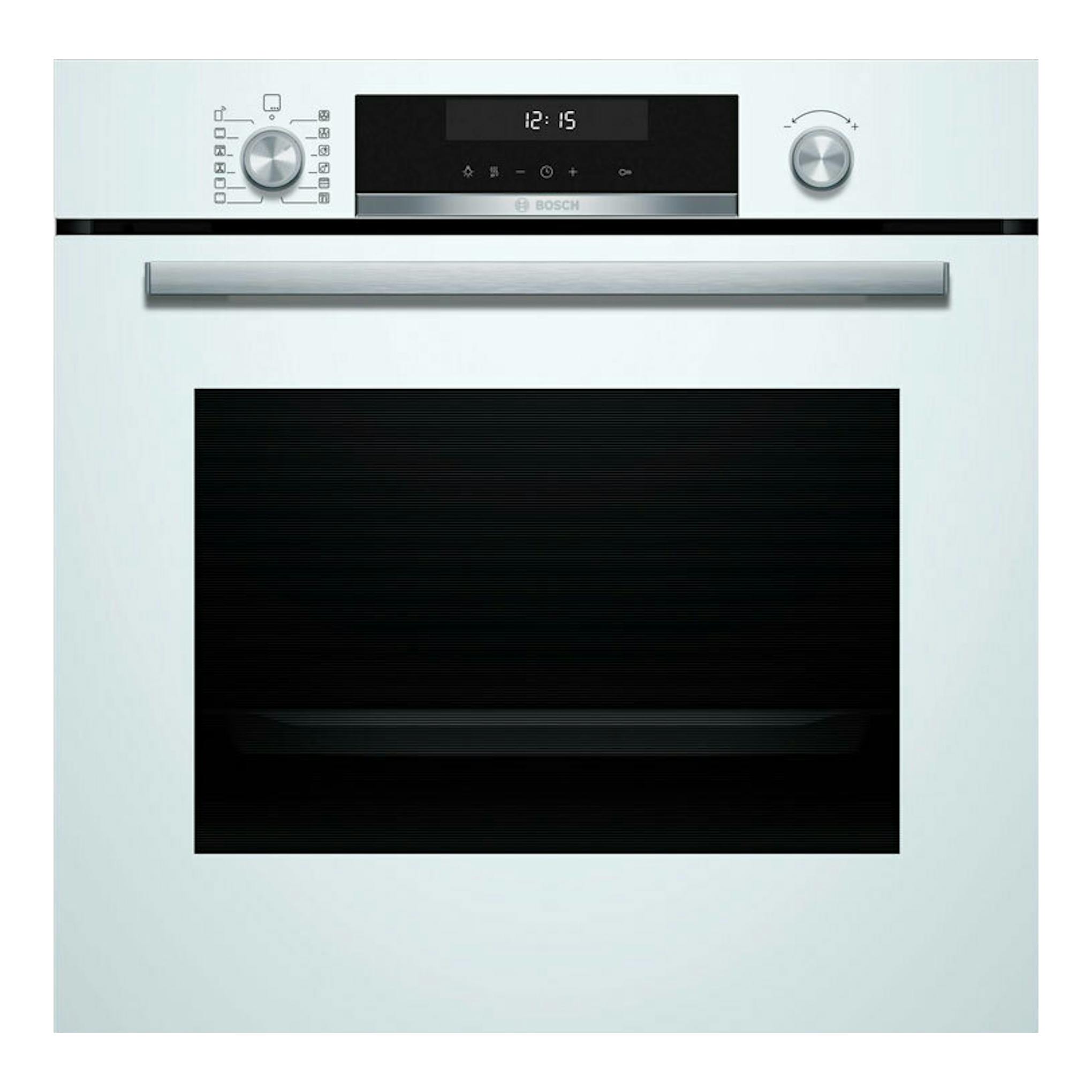 Horno Bosch HBG578EW7 blanco, vista frontal, con panel digital negro y puerta de cristal negro.
