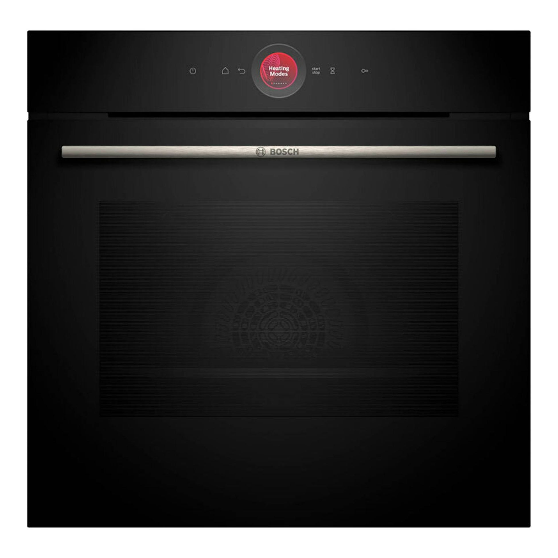 Horno Bosch HBG724AB1 negro, vista frontal, con panel táctil y puerta de vidrio.