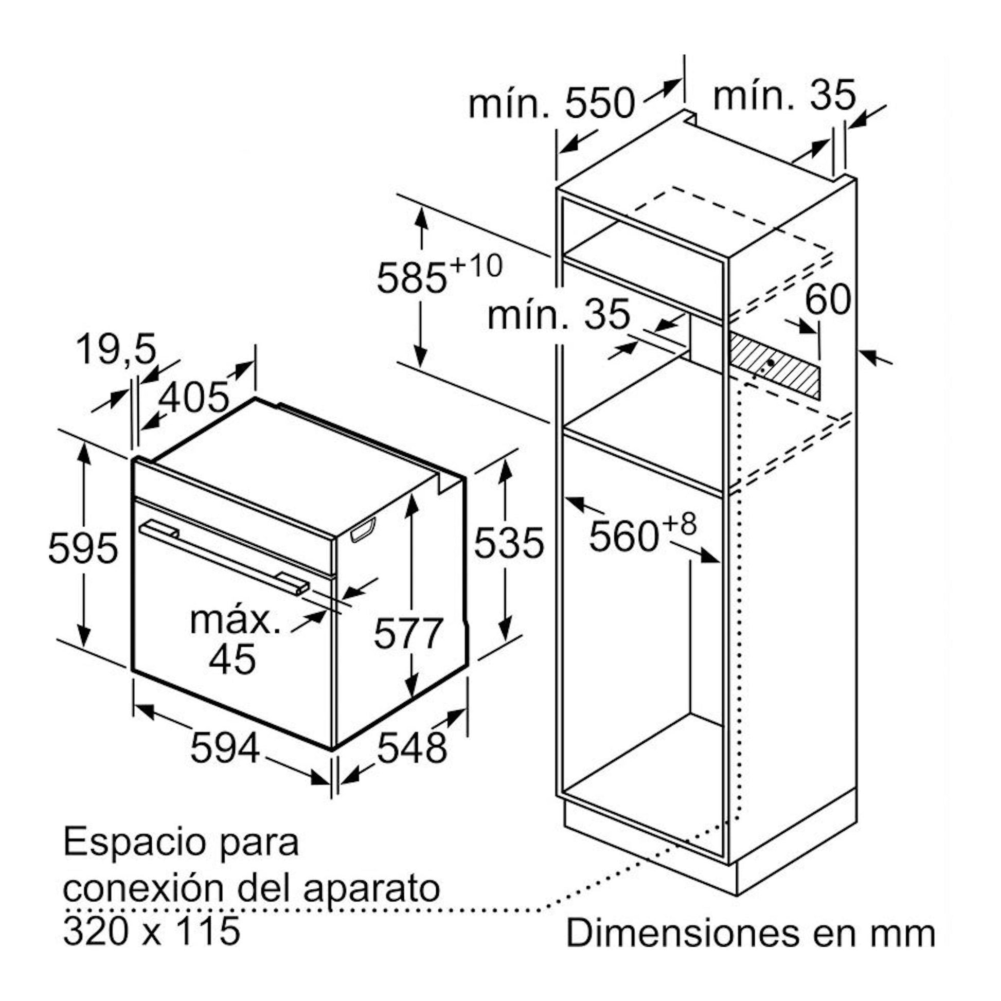 Esquema de medidas del horno Bosch HBG724AB1 negro, vista frontal y de instalación empotrable.