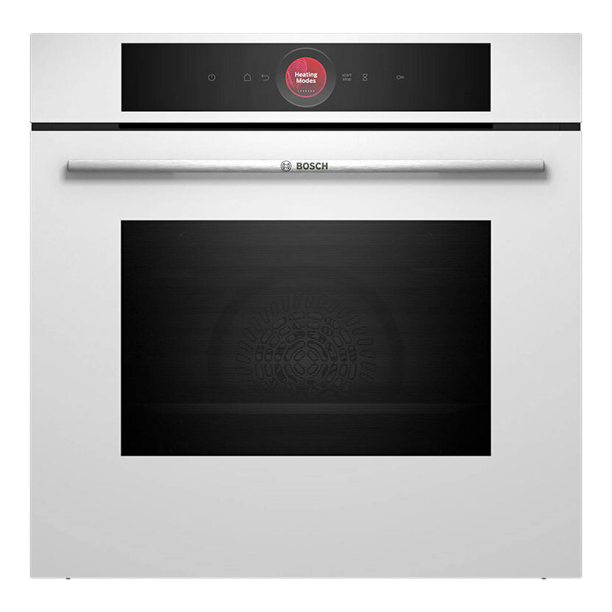 Horno Bosch HBG7341W1 blanco, vista frontal, puerta de vidrio negro y panel táctil superior.