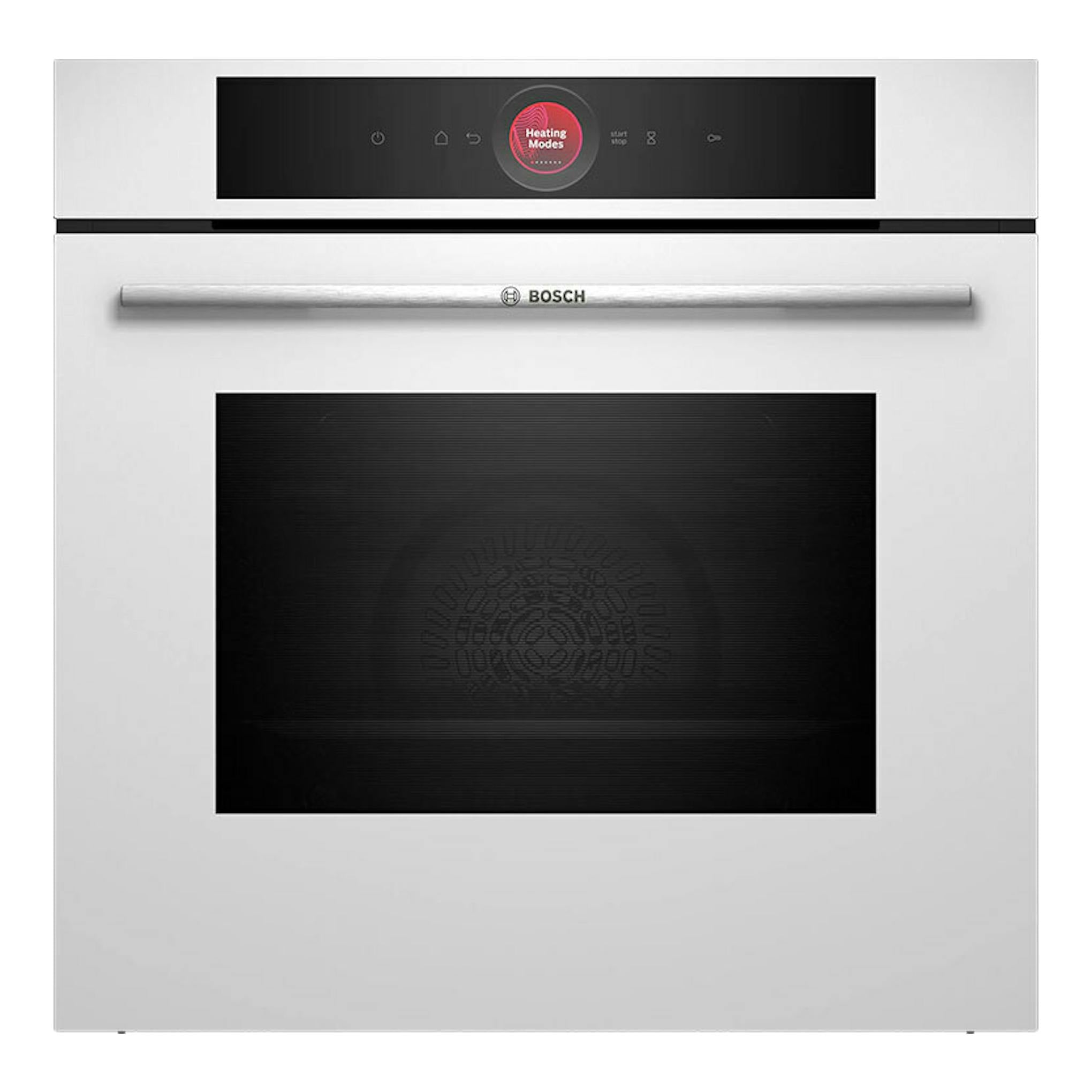 Horno Bosch HBG7341W1 blanco, vista frontal, puerta de vidrio negro y panel táctil superior.