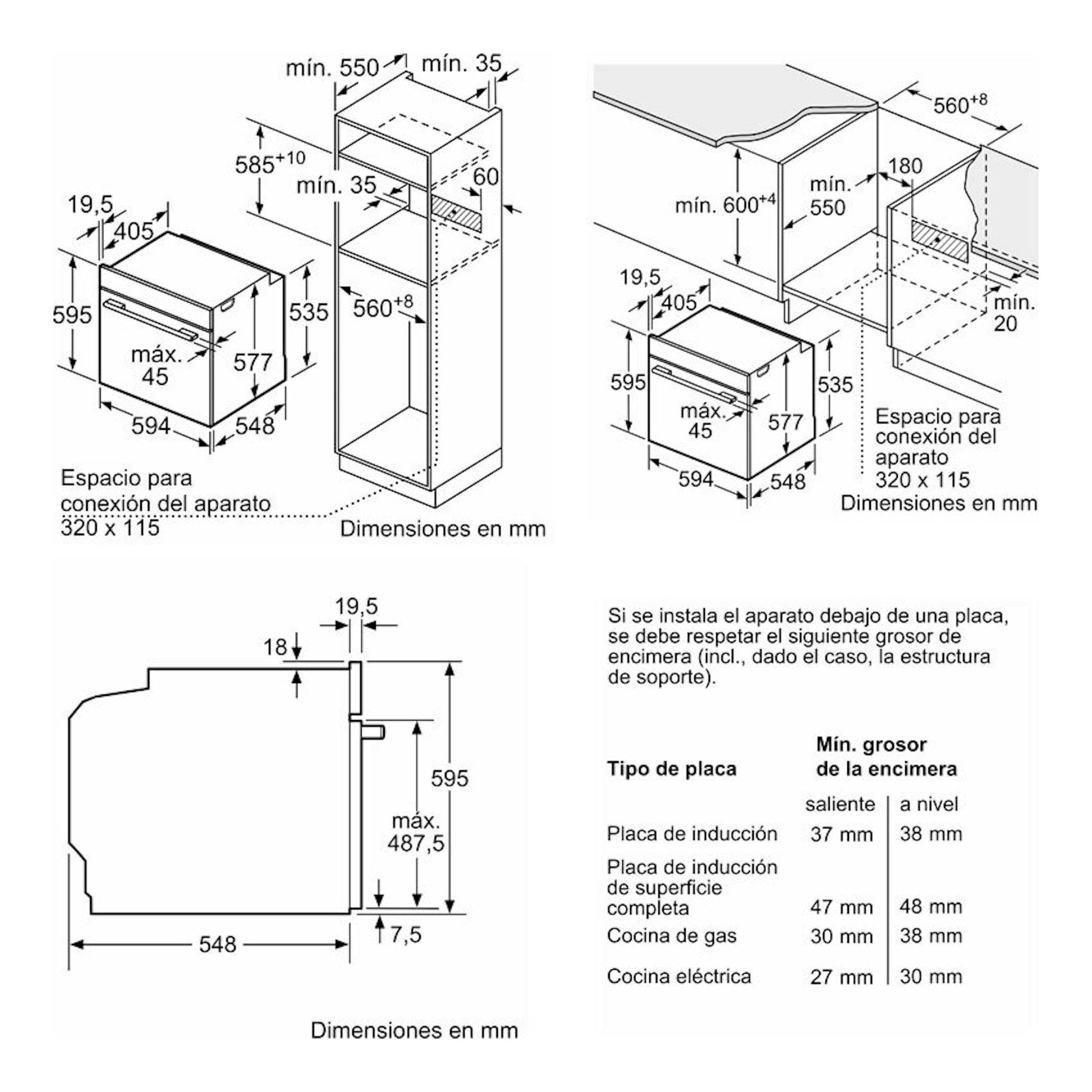 Esquema técnico de instalación del horno Bosch HBG7341W1 blanco, con vistas frontal y lateral y medidas en mm.