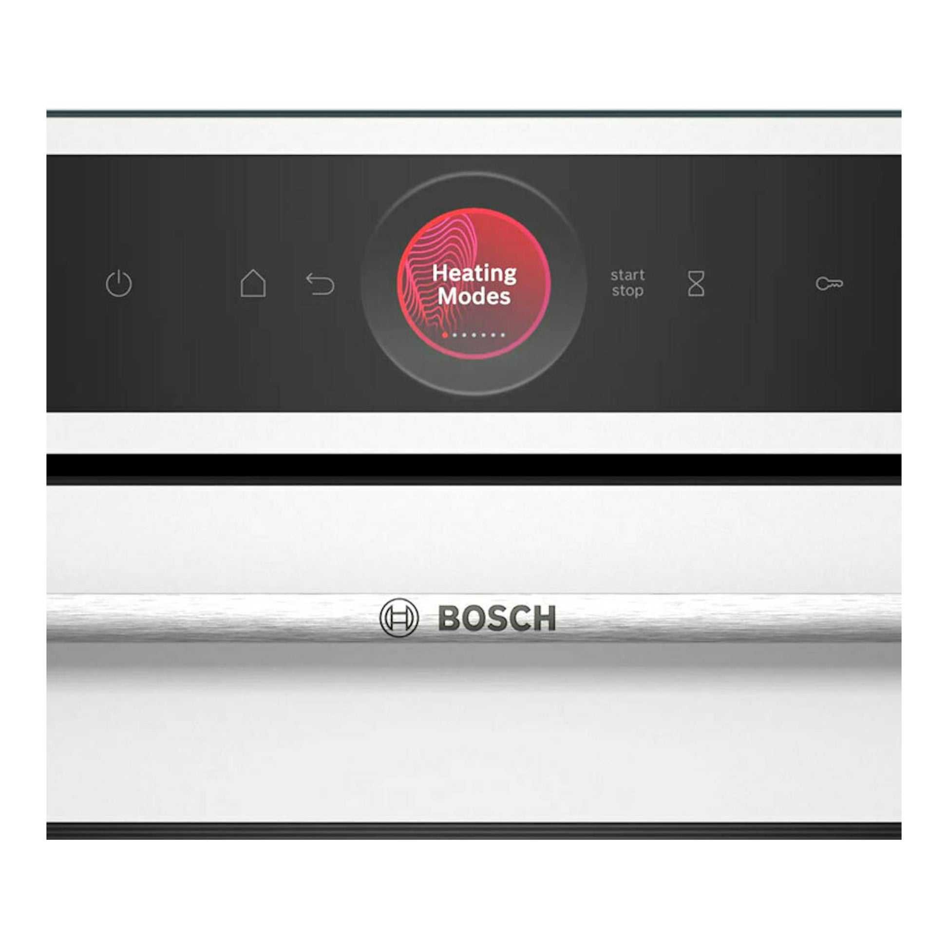 Panel frontal de horno Bosch HBG7341W1 blanco, con pantalla táctil negra y logotipo Bosch.
