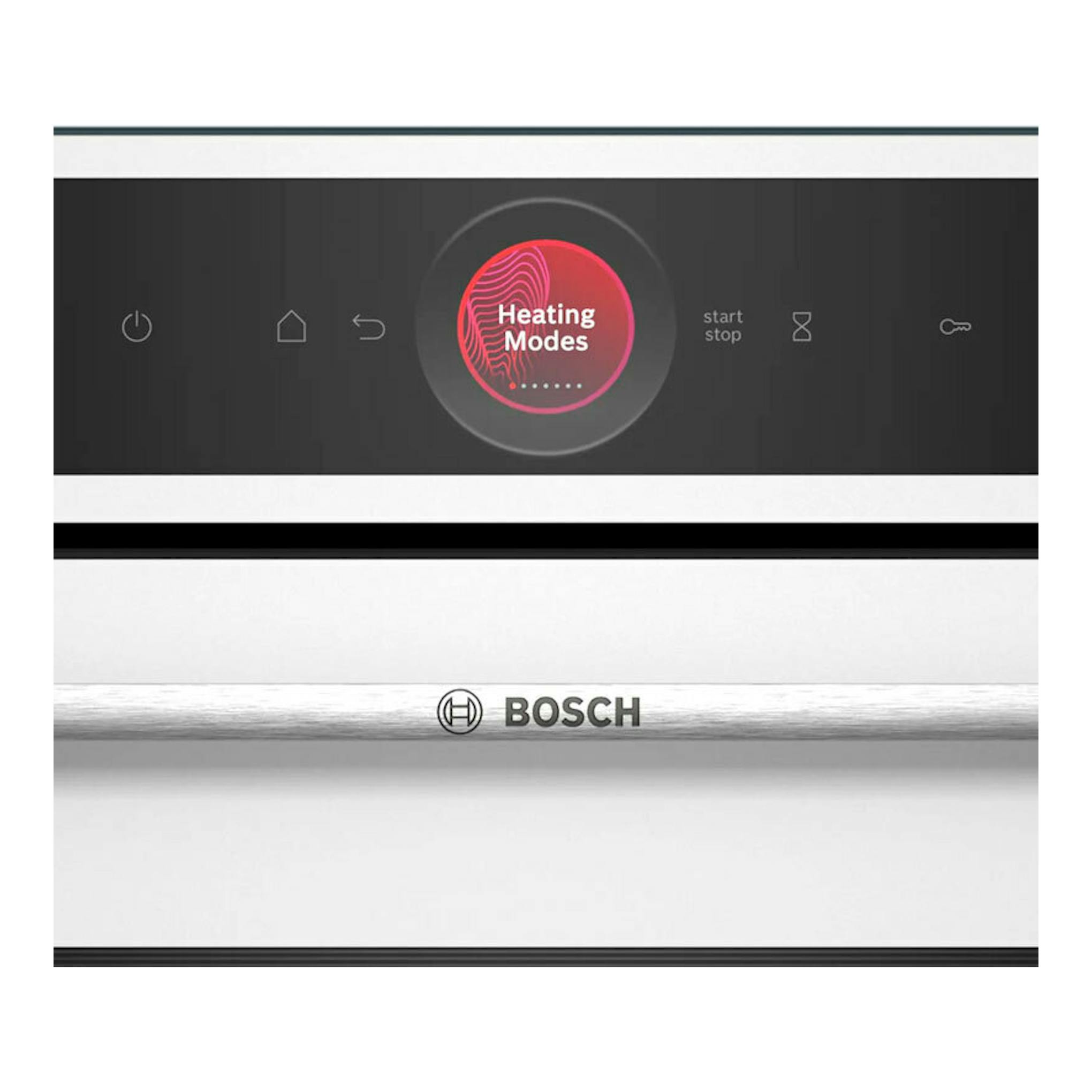 Panel frontal de horno Bosch HBG7341W1 blanco, con pantalla táctil negra y logotipo Bosch.