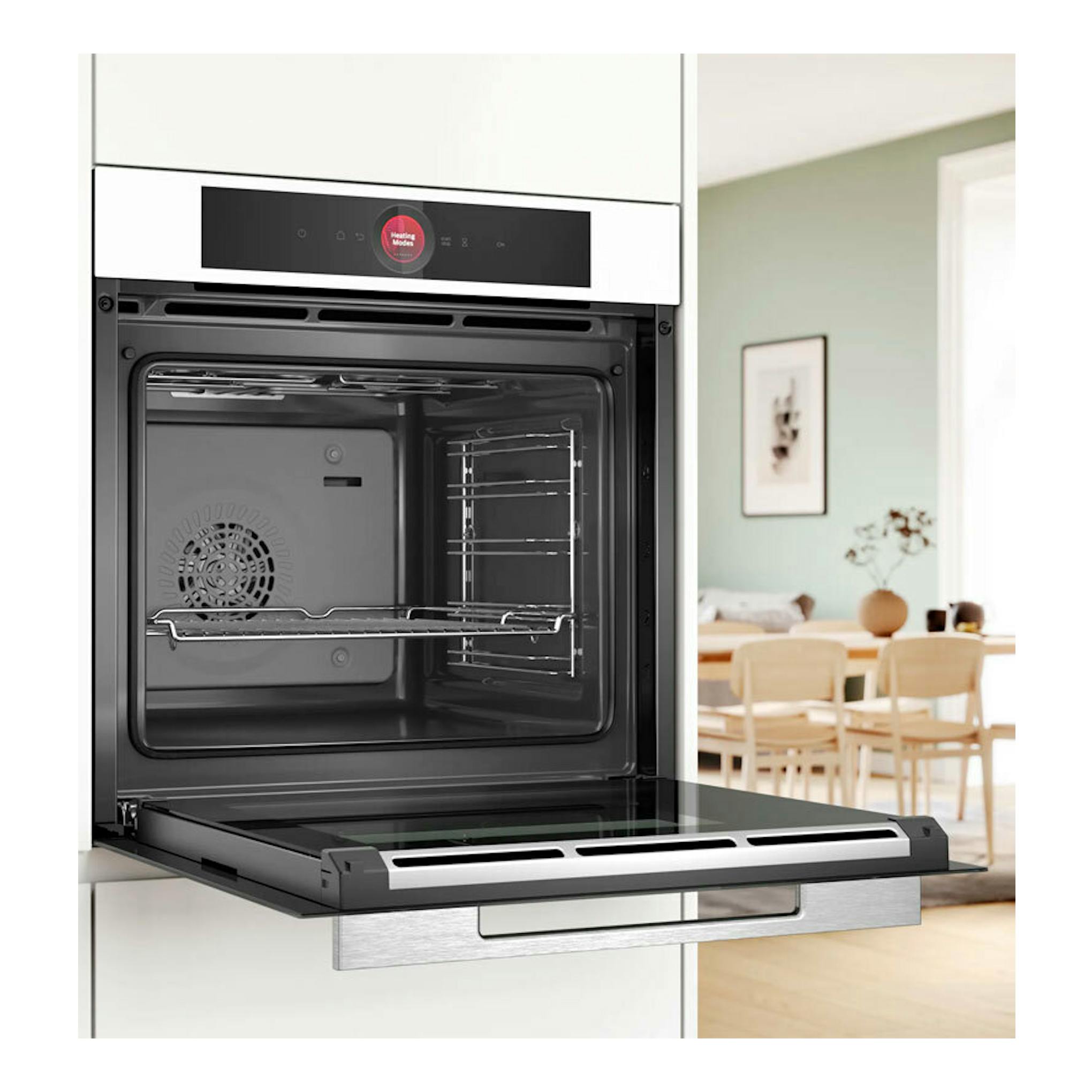 Horno empotrable Bosch HBG7341W1 blanco, vista frontal con la puerta abatible abierta.