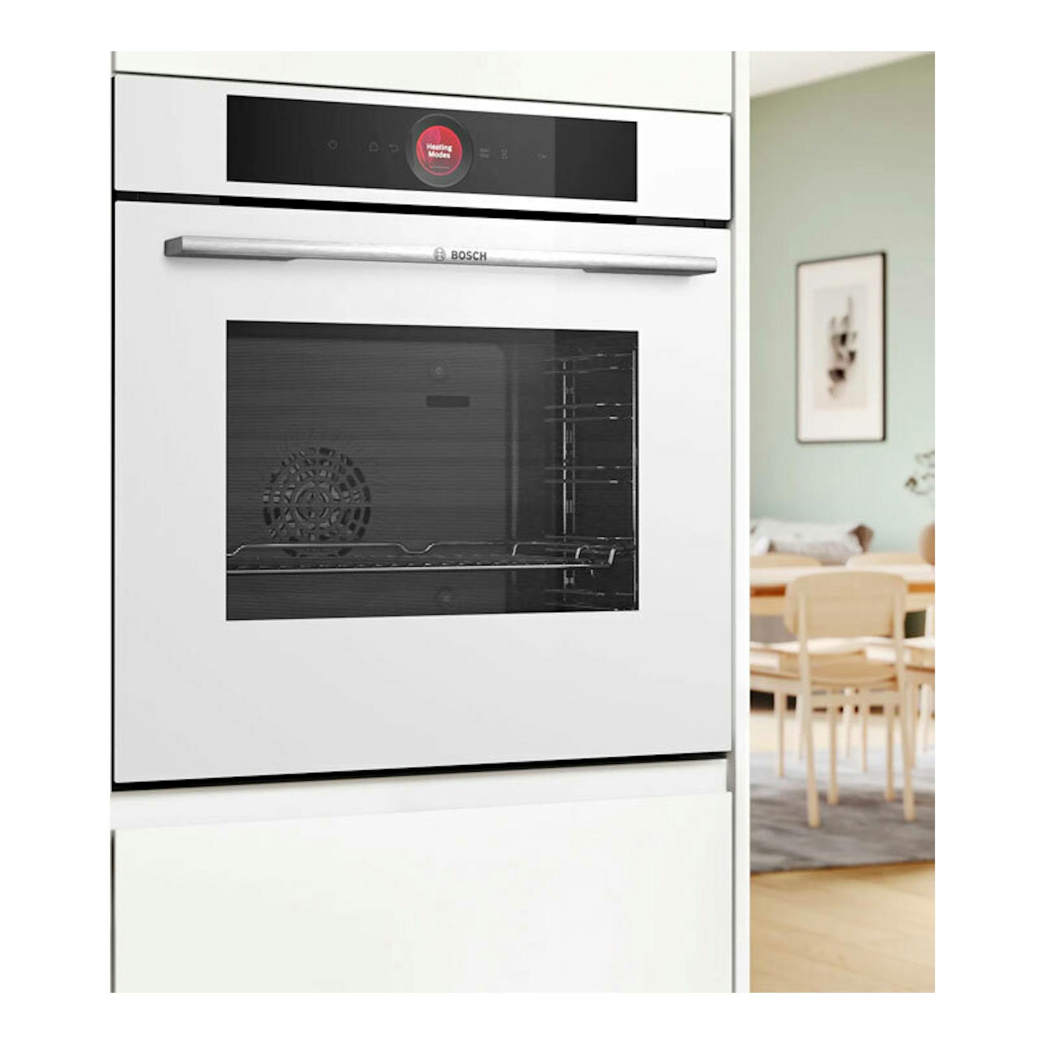 Horno Bosch HBG7341W1 blanco empotrado, vista frontal, con puerta de cristal y panel táctil superior.