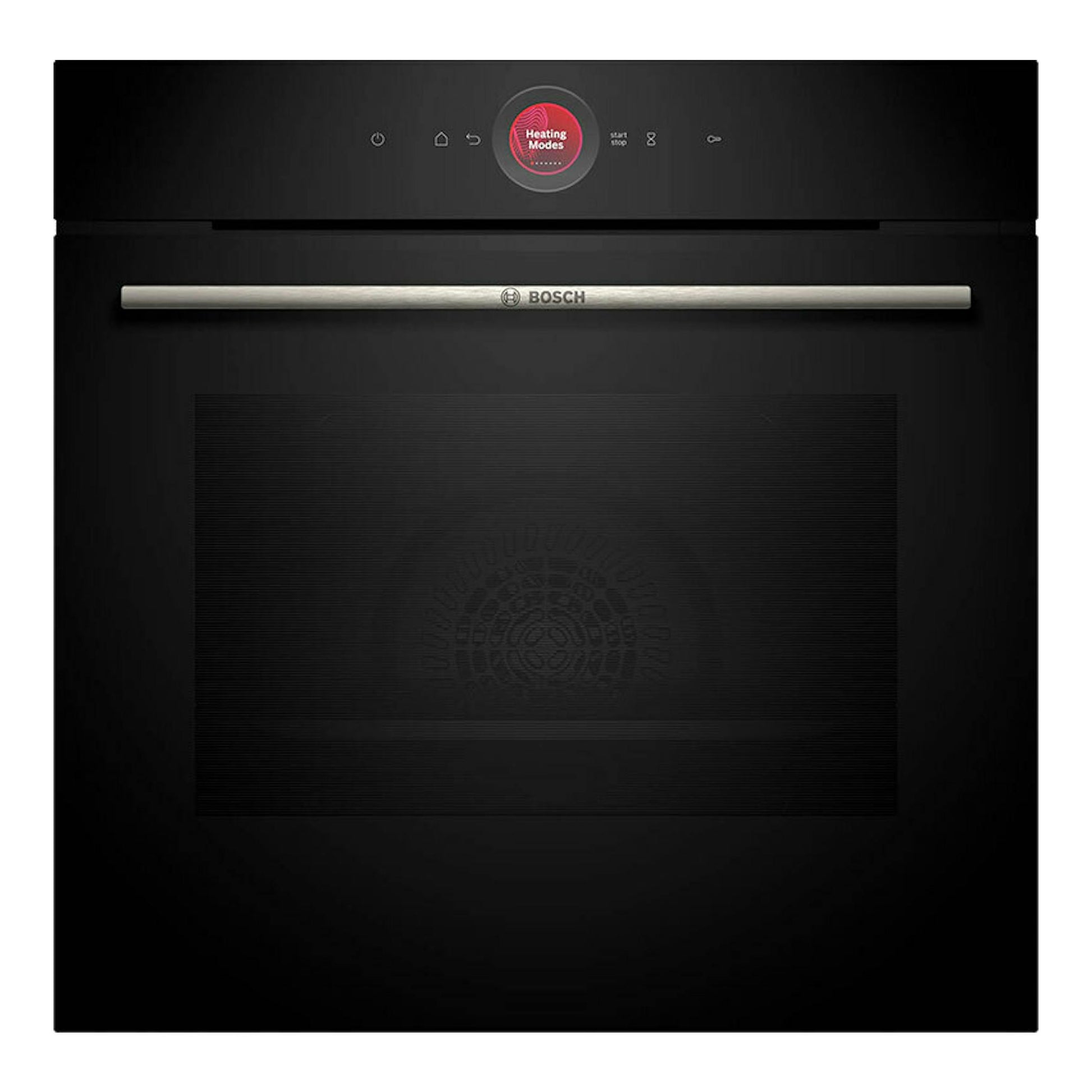 Horno empotrable Bosch HBG7741B1 negro, vista frontal, con panel táctil y tirador metálico.
