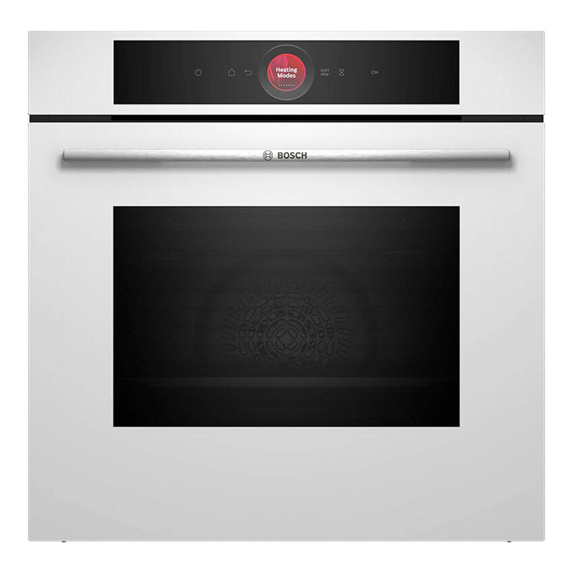 Horno Bosch HBG7741W1 blanco, vista frontal, con puerta de cristal negro y panel táctil superior.