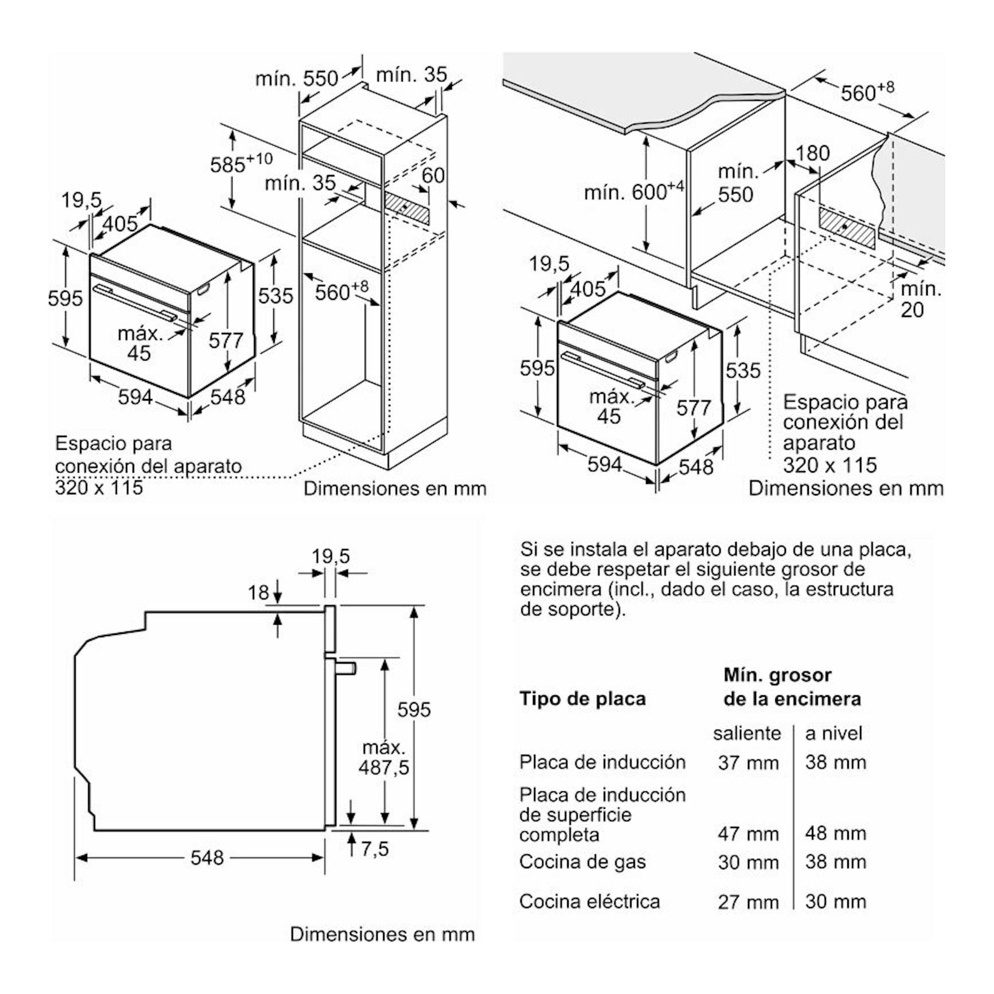 Bosch HBG7741W1 blanco, diagrama técnico de horno empotrable con vistas frontal y lateral y medidas en mm.