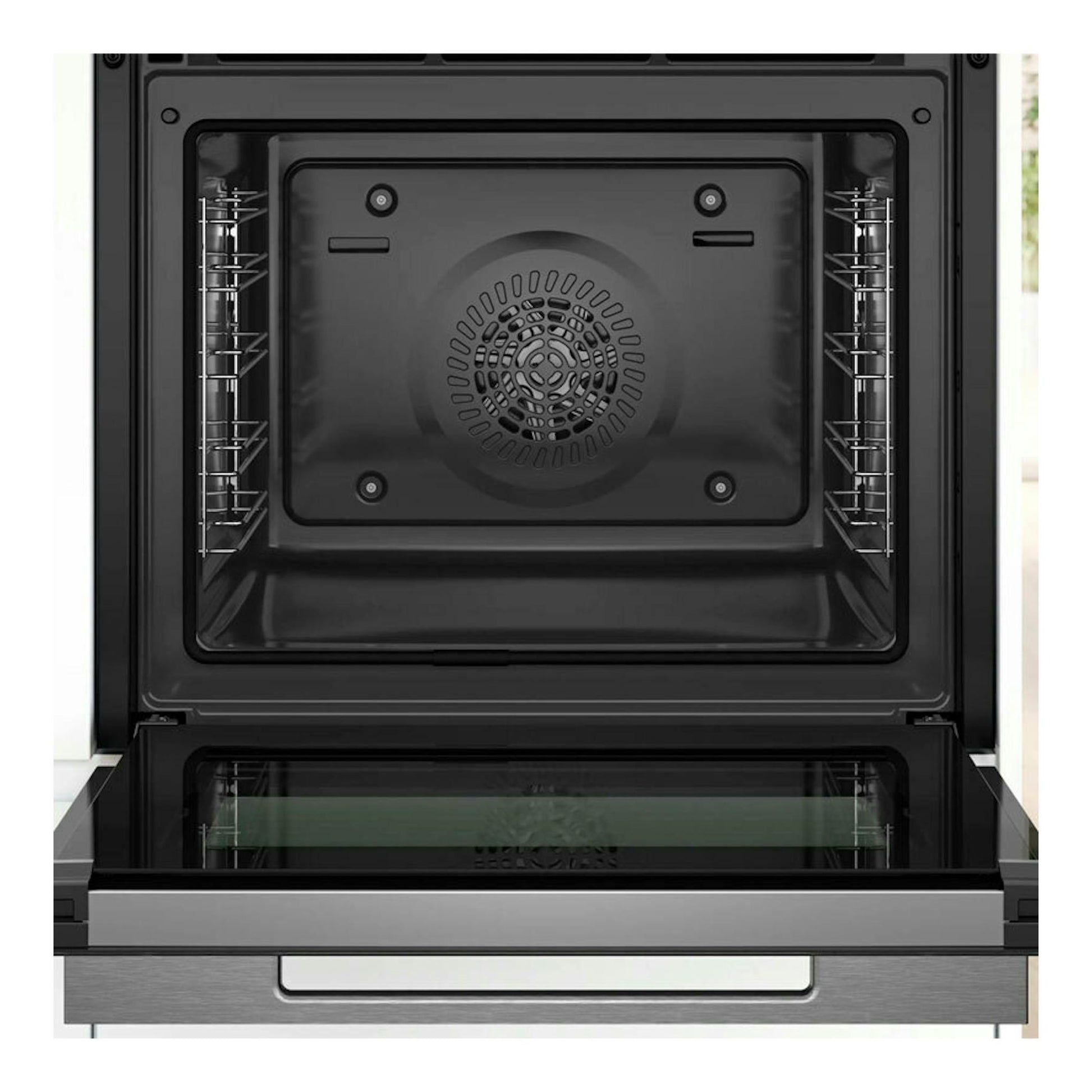 Horno Bosch HBG7741W1 blanco, vista frontal con puerta abierta e interior negro.