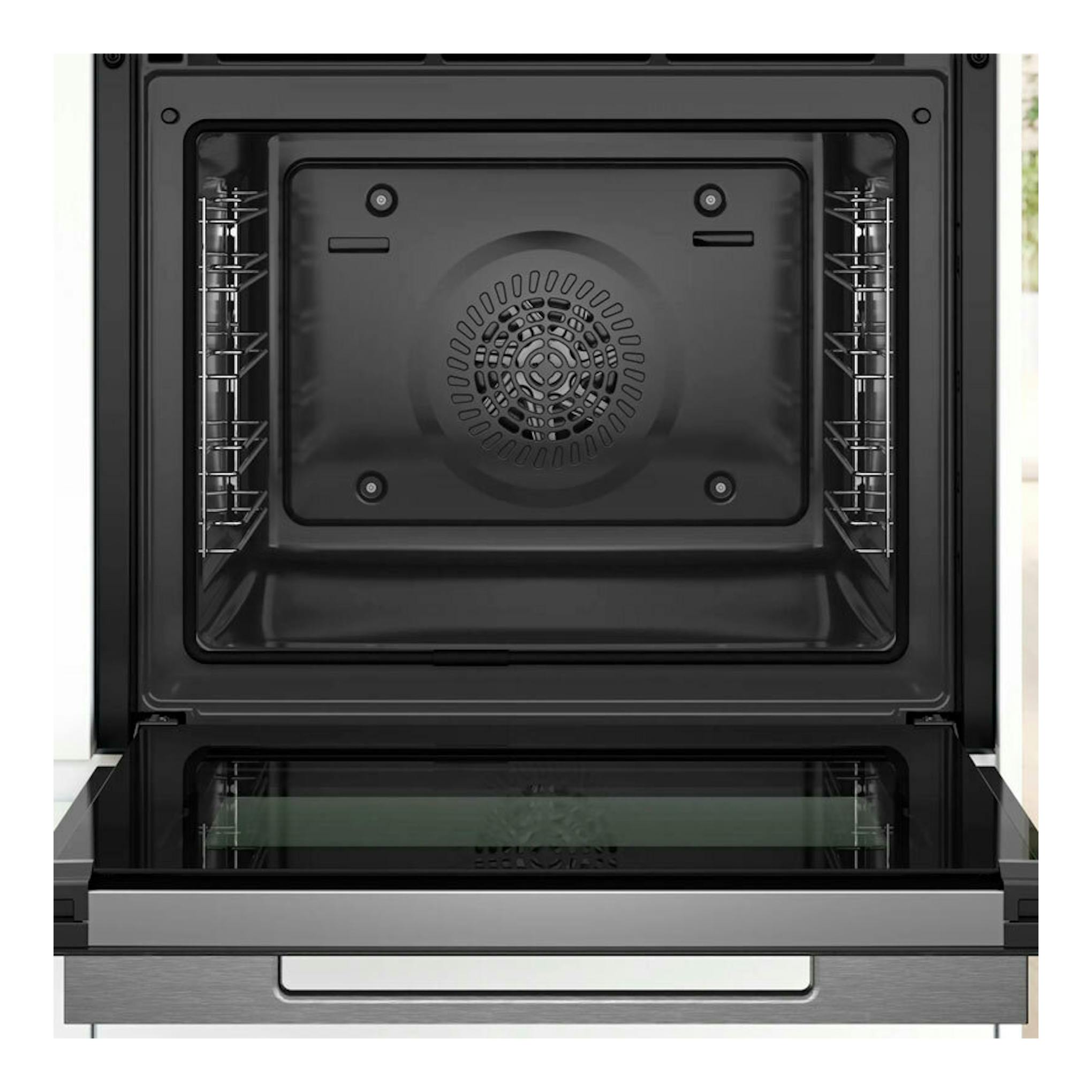 Horno Bosch HBG7741W1 blanco, vista frontal con puerta abierta e interior negro.