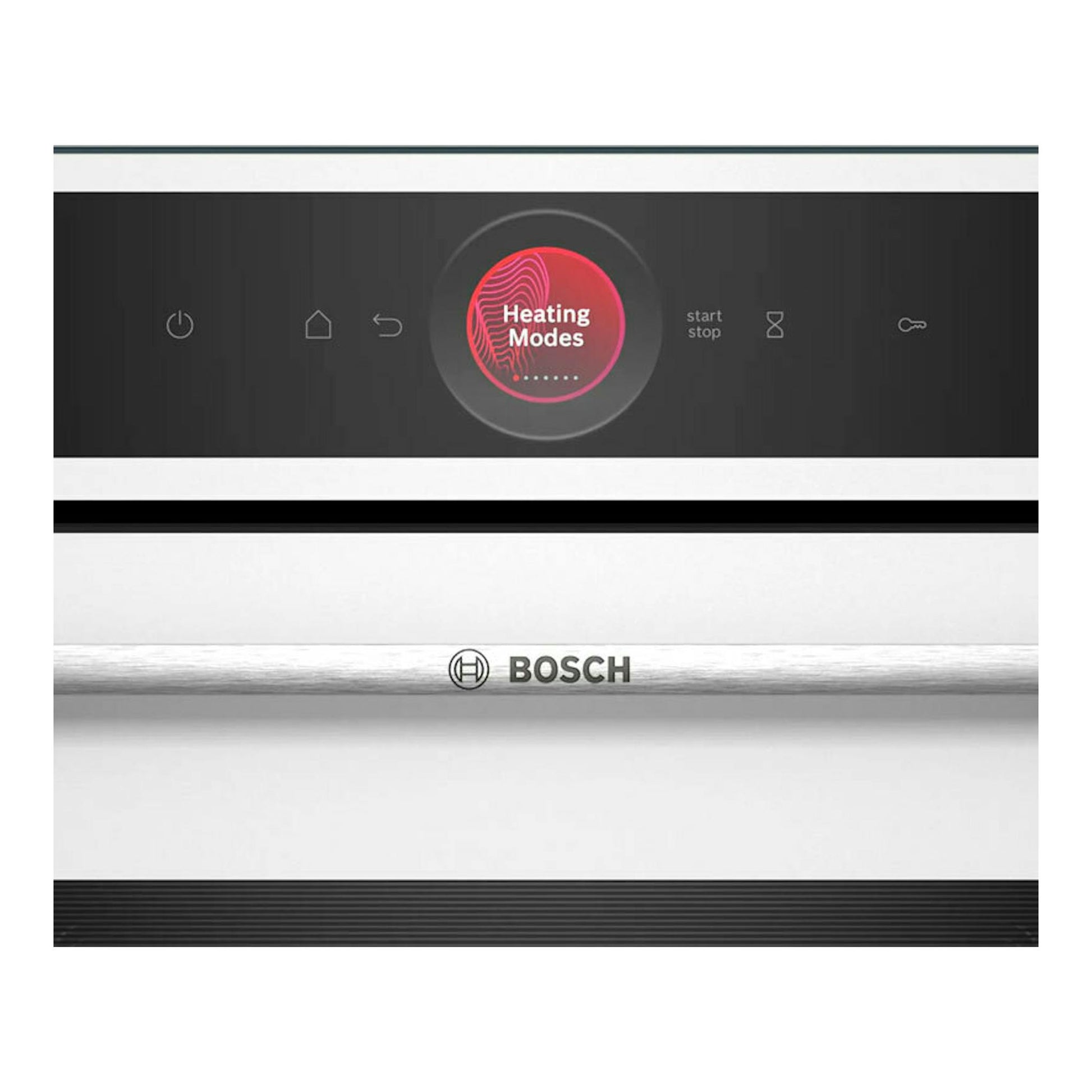 Horno empotrable Bosch HBG7741W1 blanco, vista frontal, panel táctil negro y logotipo Bosch.