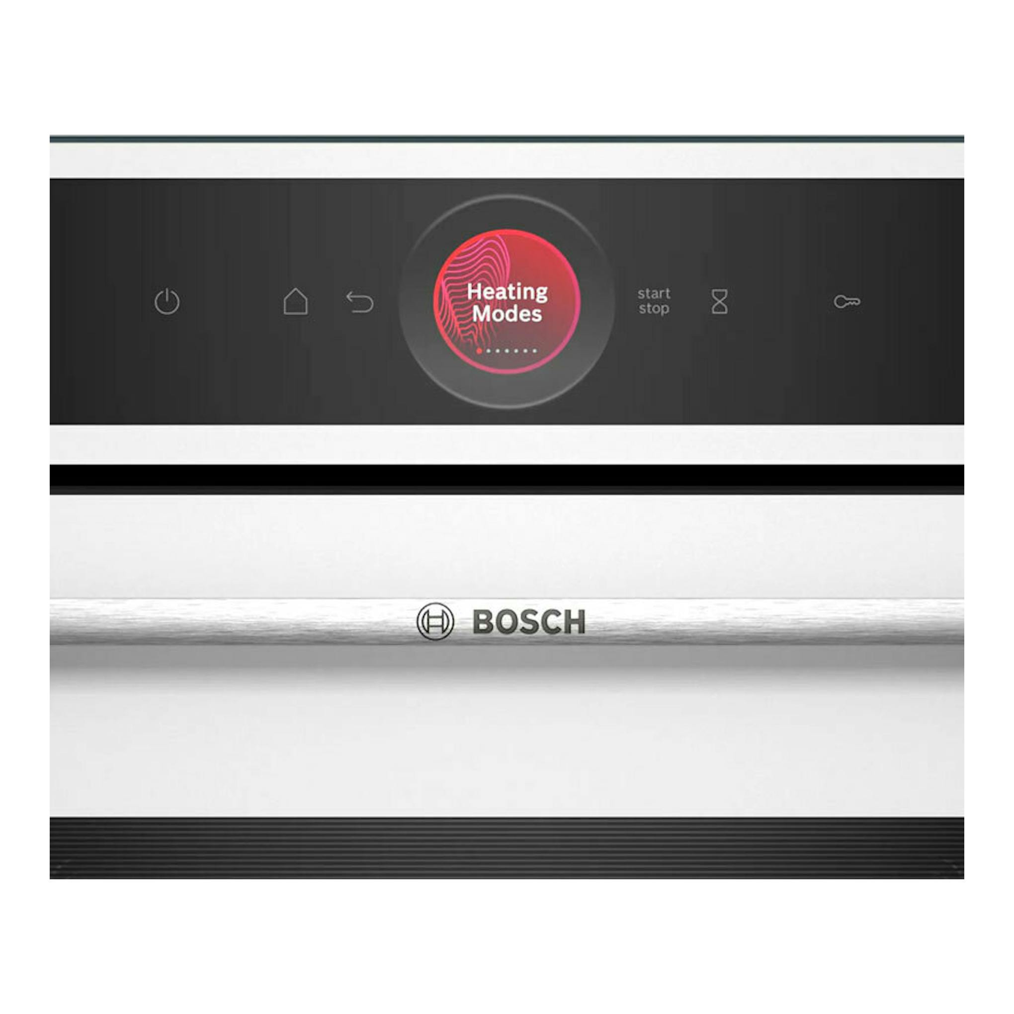 Horno empotrable Bosch HBG7741W1 blanco, vista frontal, panel táctil negro y logotipo Bosch.