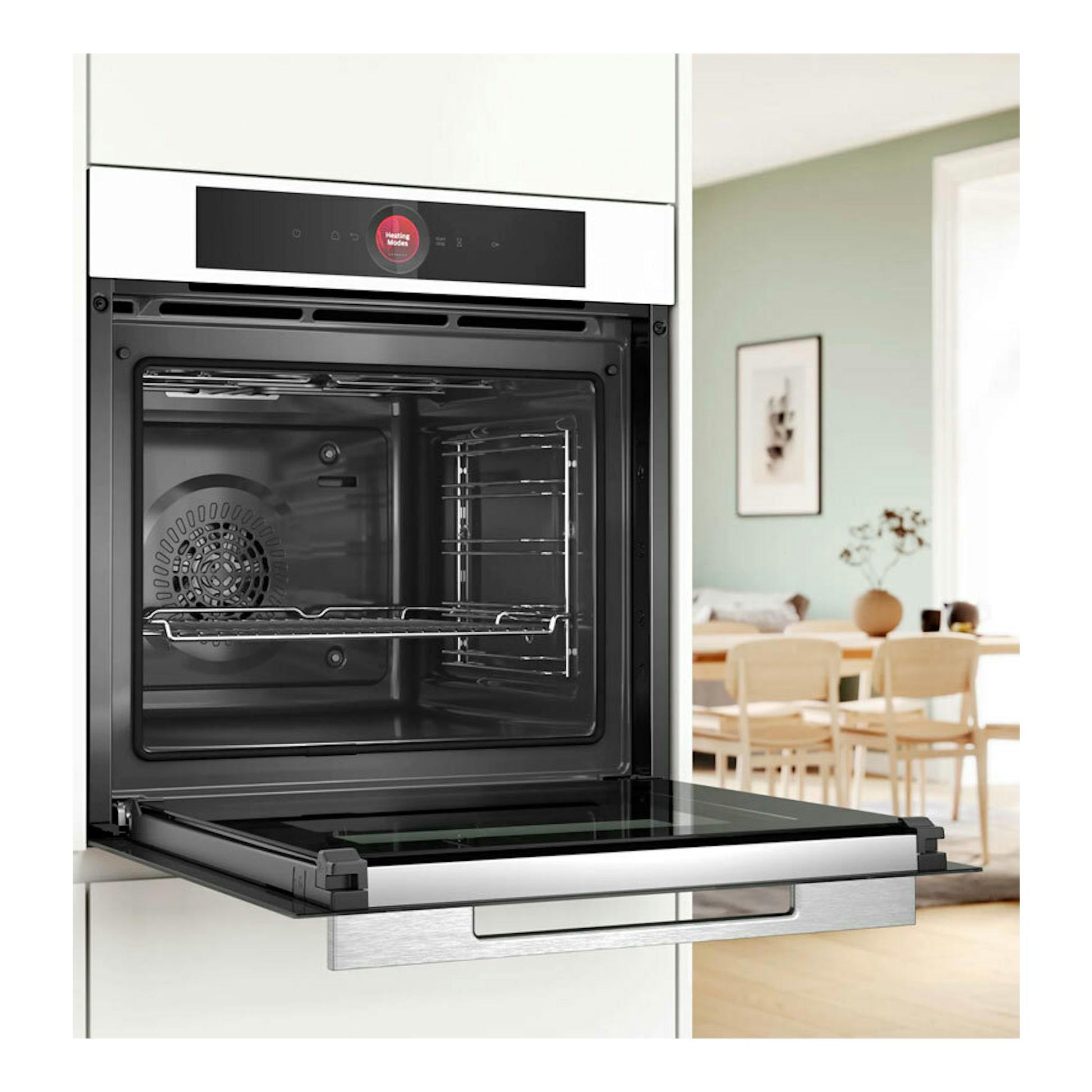 Horno Bosch HBG7741W1 empotrado, vista frontal, blanco y negro, con la puerta abatible abierta.