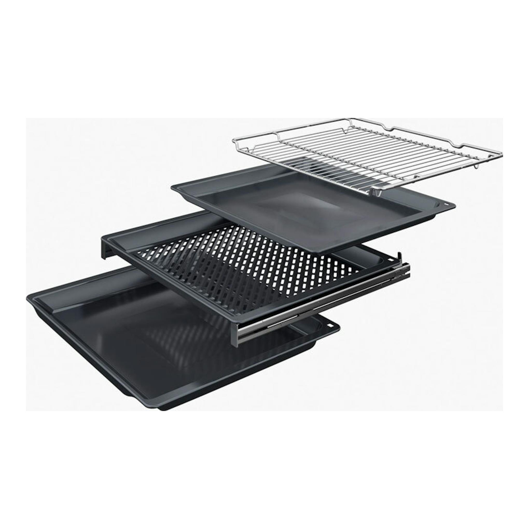 Bosch HBG774KB1 negro: cuatro bandejas y una rejilla extraíbles, dispuestas en vista frontal.