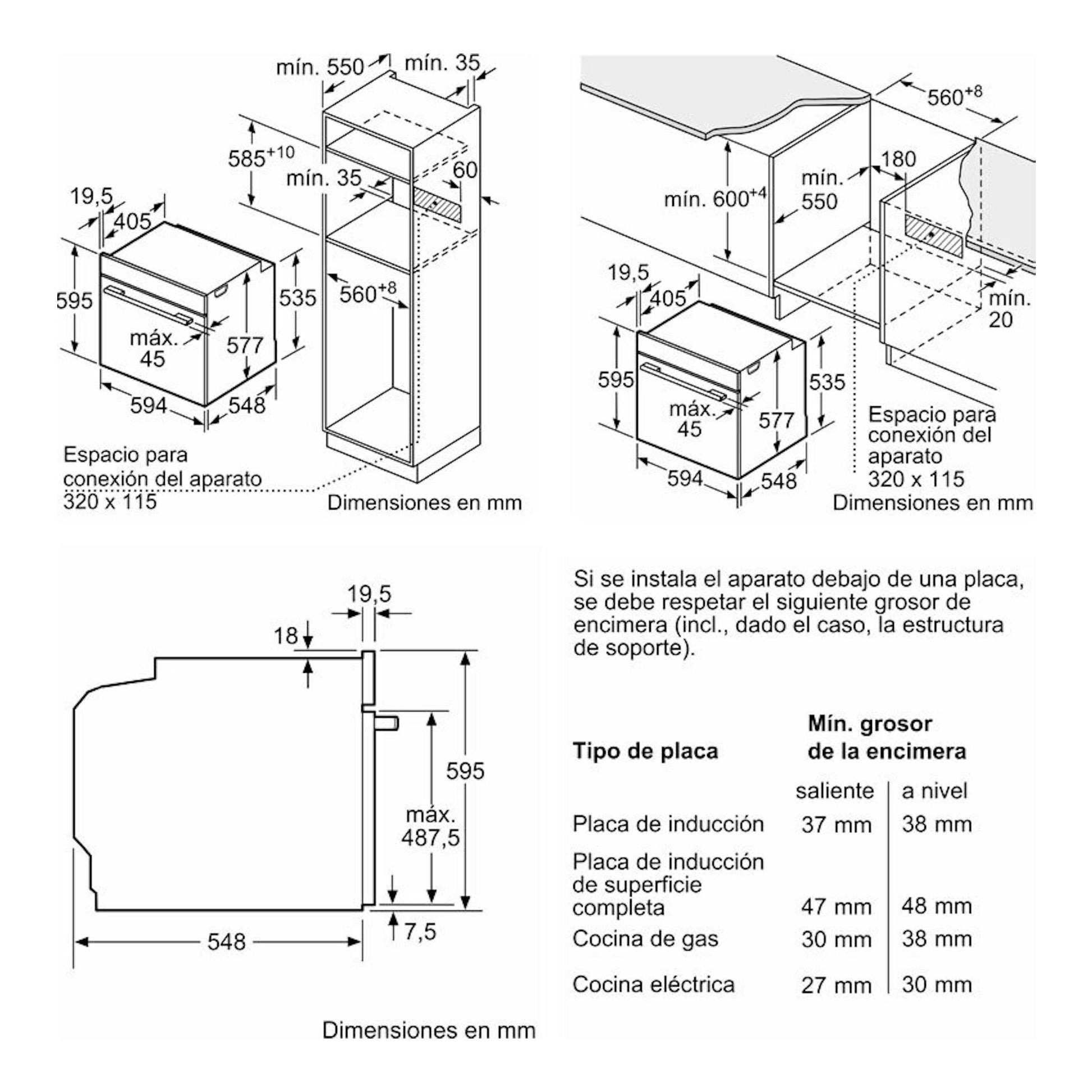 Bosch HBG7764B1 negro: esquema técnico de horno empotrable con vistas frontal y lateral y medidas en mm.