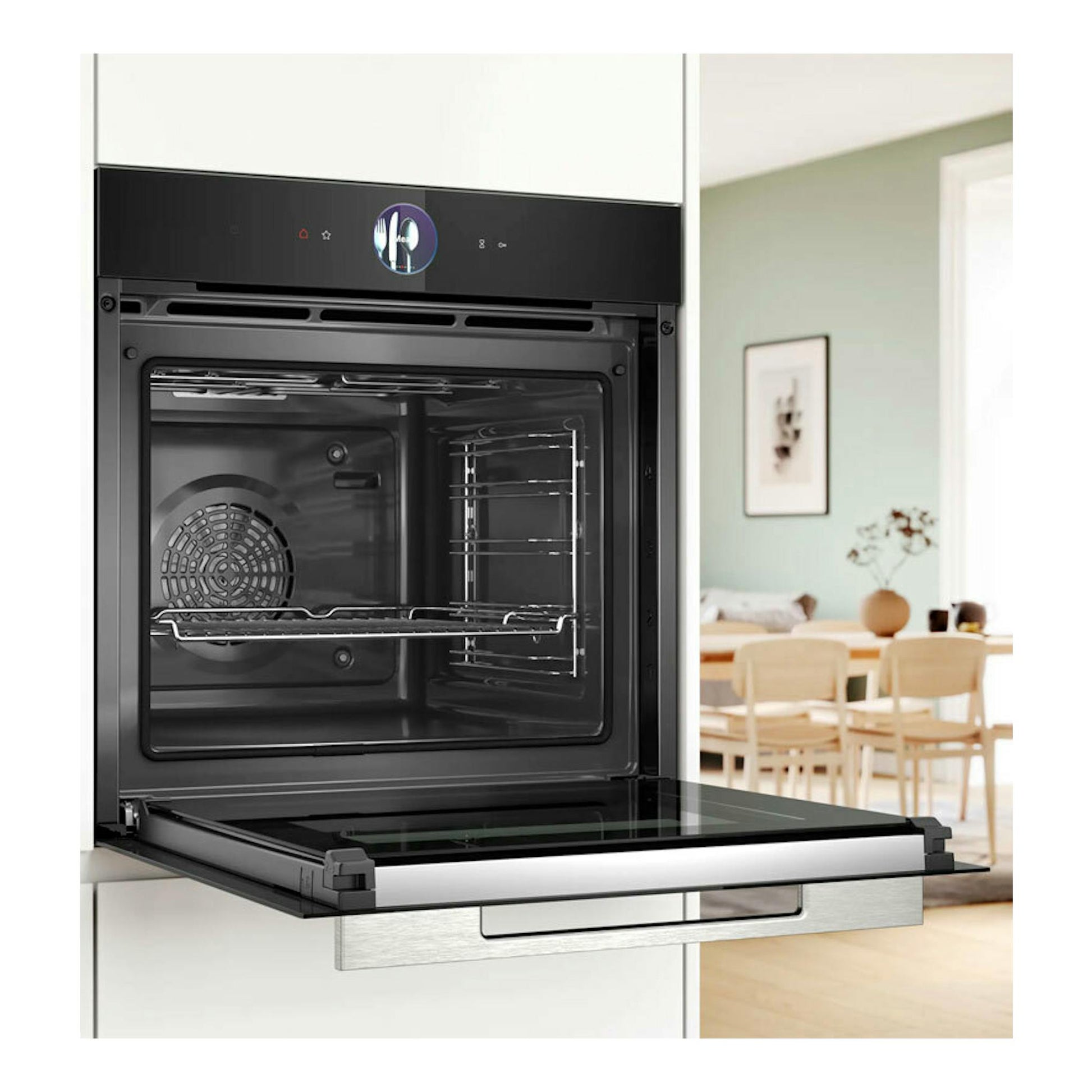 Horno Bosch HBG7764B1 negro empotrable, vista frontal, con puerta abatida e interior visible.