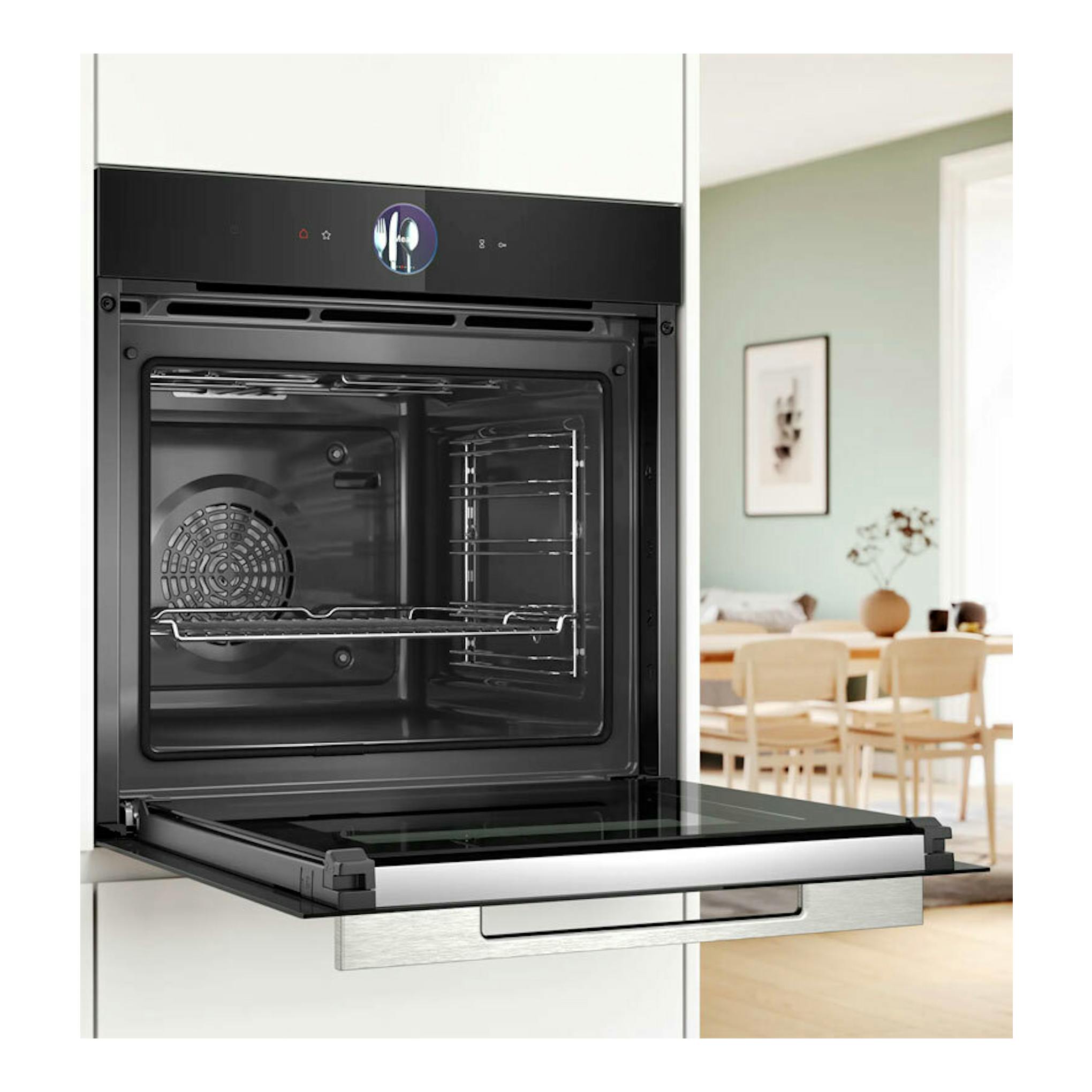 Horno Bosch HBG7764B1 negro empotrable, vista frontal, con puerta abatida e interior visible.
