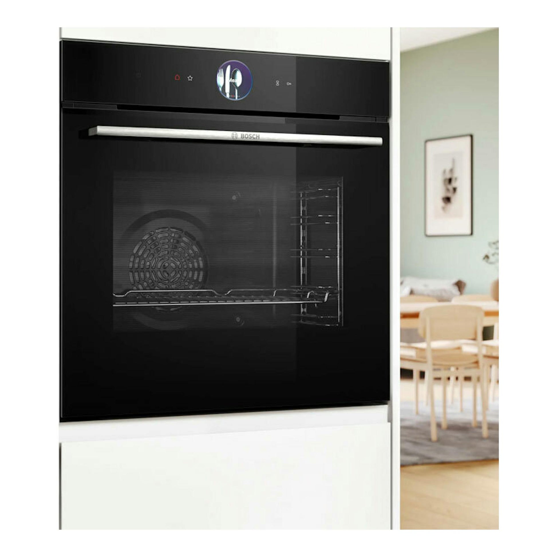 Horno Bosch HBG7764B1 negro, empotrado, vista frontal con puerta de cristal y panel táctil.