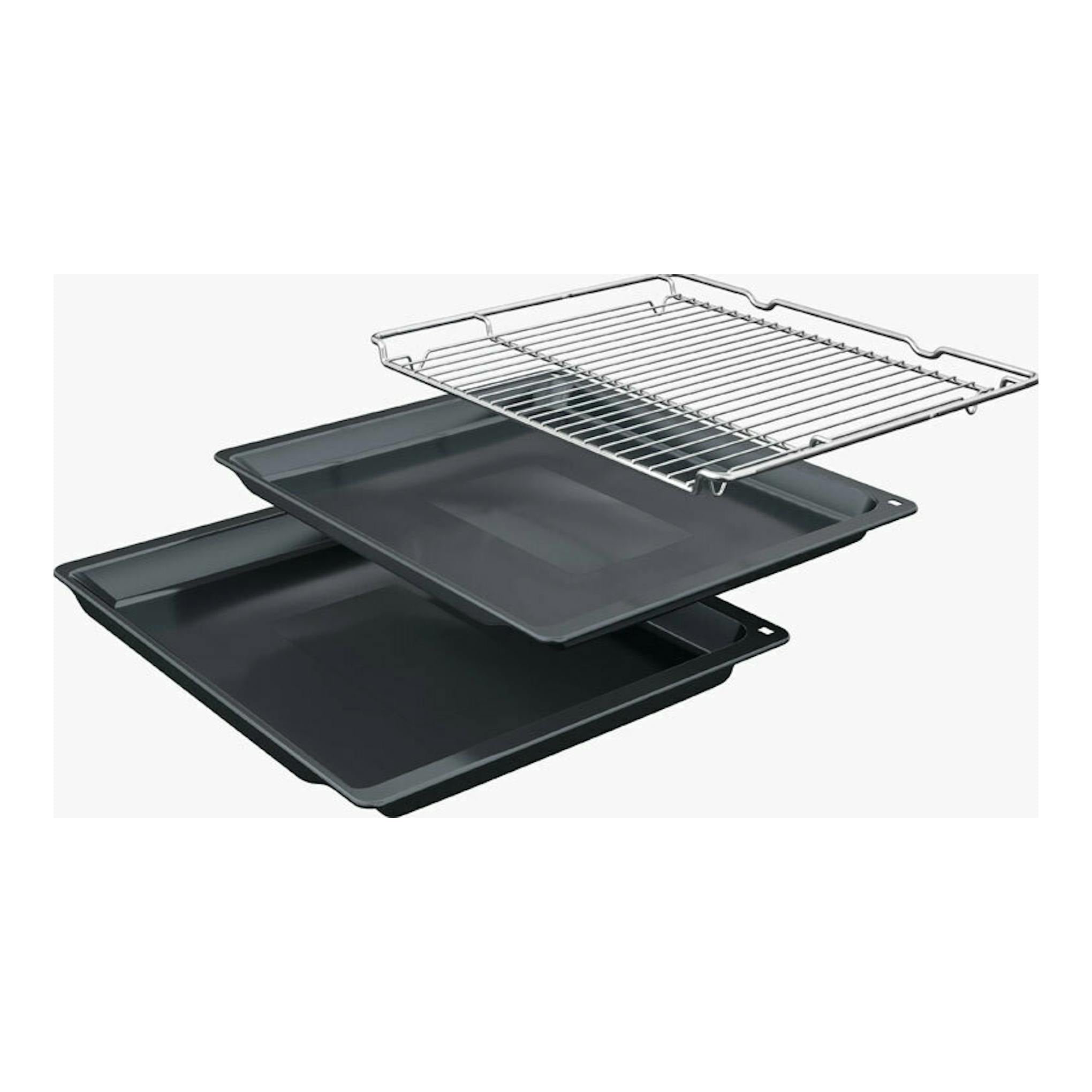 Bosch HBG7764B1 negro: dos bandejas de horno negras y una rejilla metálica, vista en ángulo.