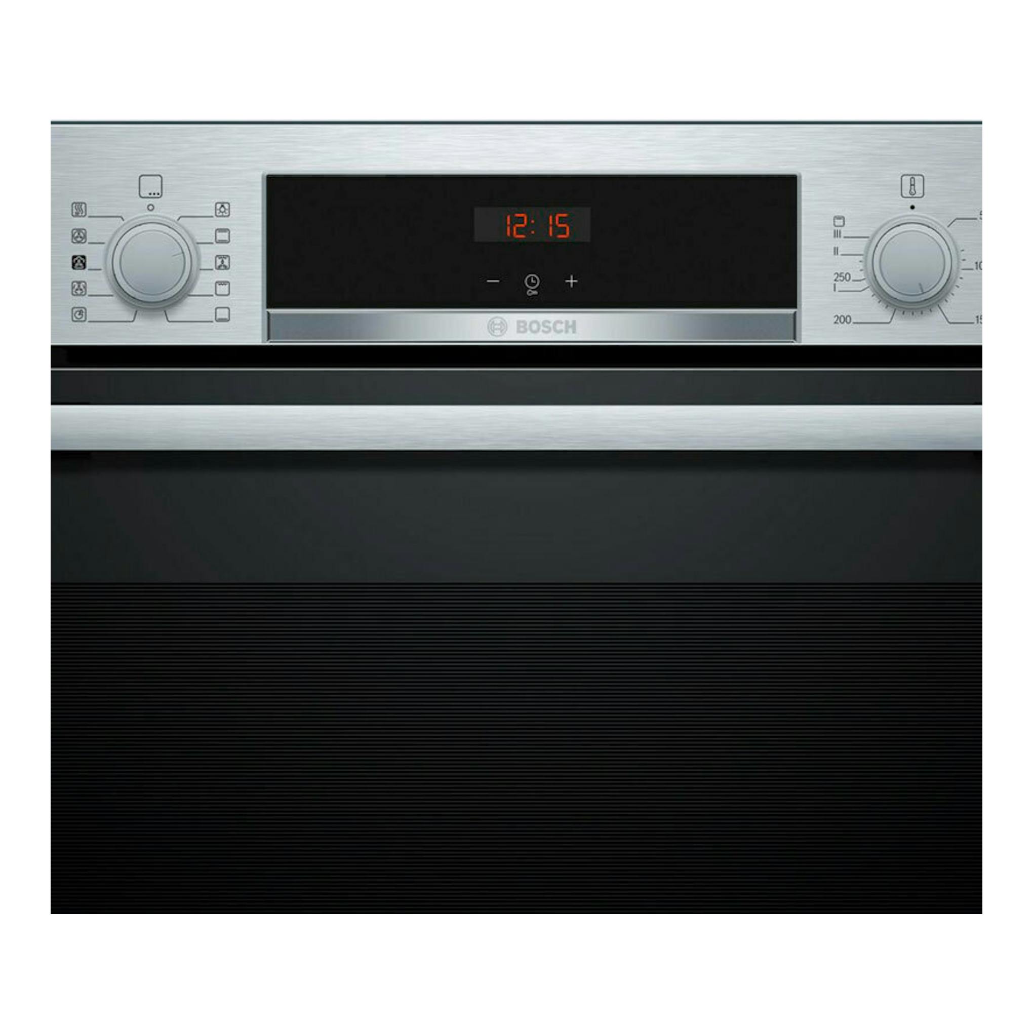 Horno Bosch HQA514ES3 inox, vista frontal, con panel digital y dos mandos giratorios.