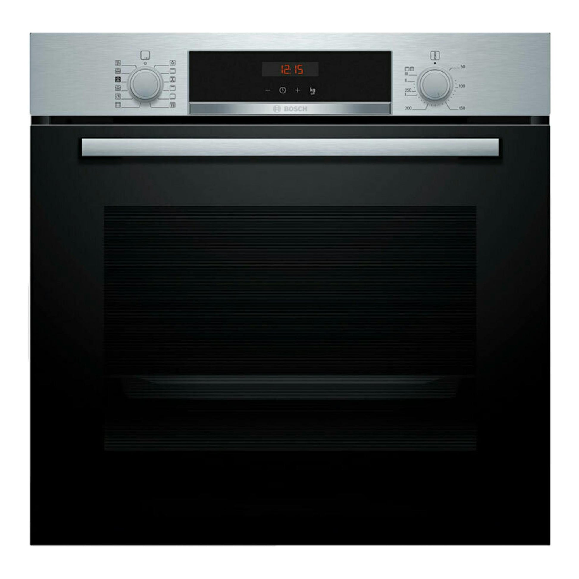 Horno Bosch HQA574ES3 inox, vista frontal, puerta negra y panel superior plateado con mandos y display digital.