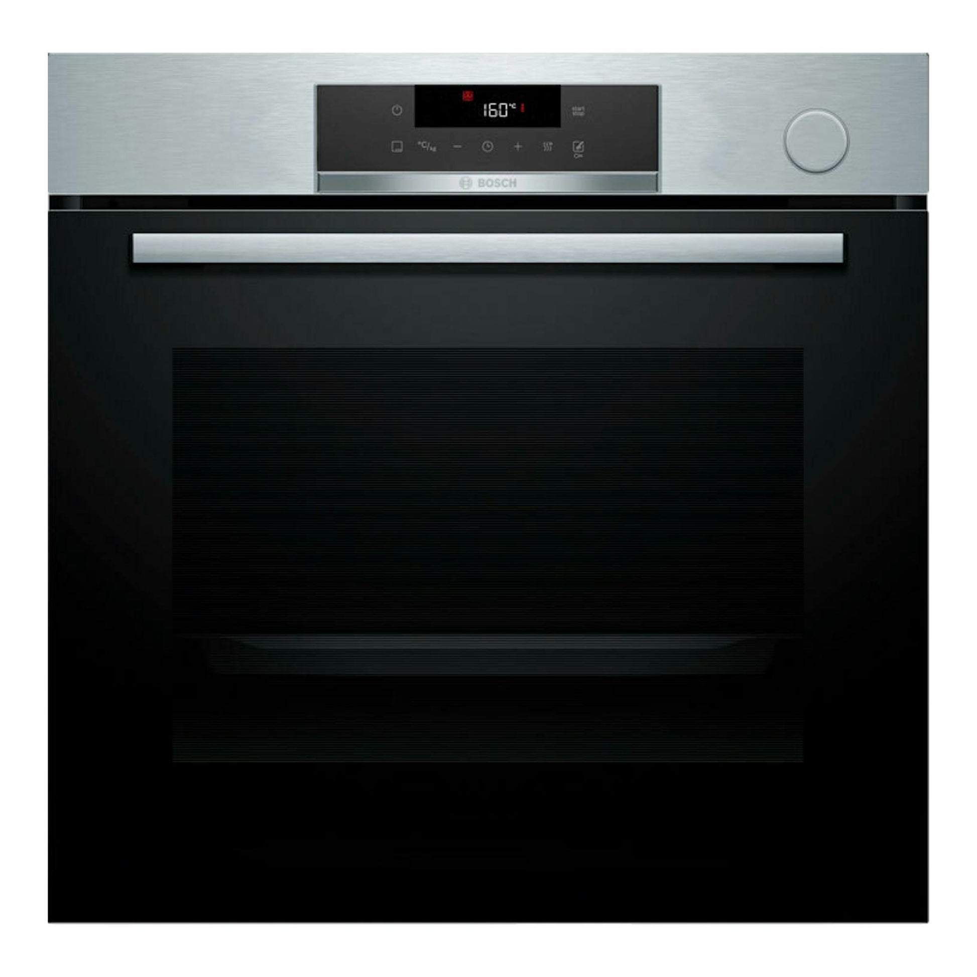 Horno Bosch HRG532ES3 de acero inoxidable y cristal negro, vista frontal.