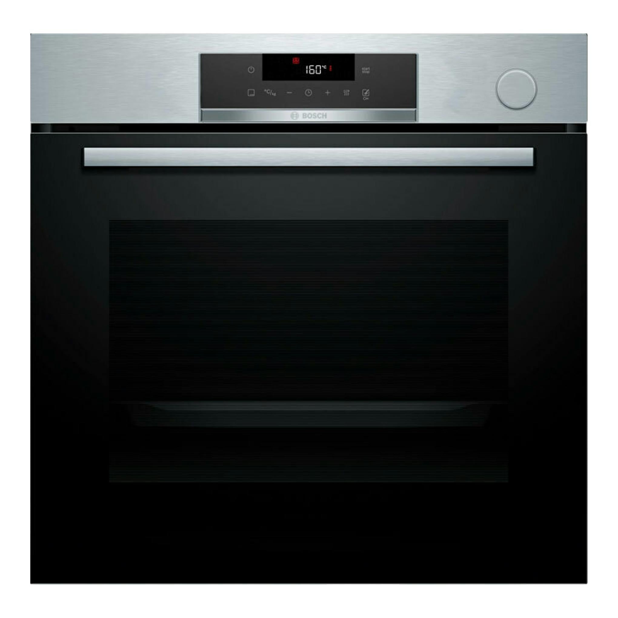 Horno Bosch HRG532ES3 de acero inoxidable y cristal negro, vista frontal.