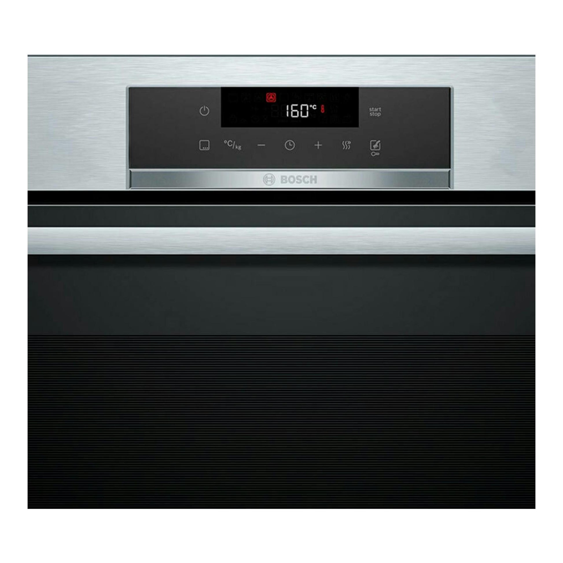 Bosch HRG532ES3, horno de acero inoxidable, vista frontal, con panel digital negro y display.