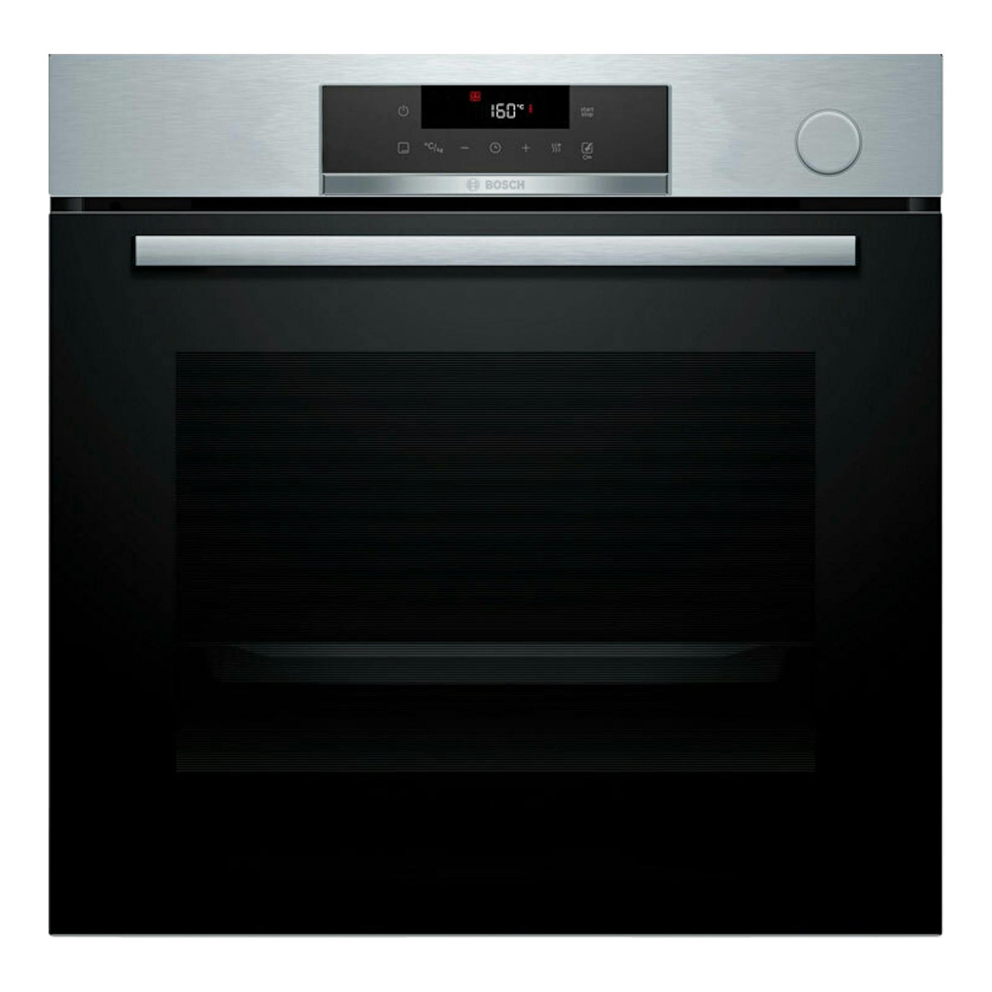 Horno Bosch HRG572ES3 inox, vista frontal, puerta negra con panel superior y mando circular.