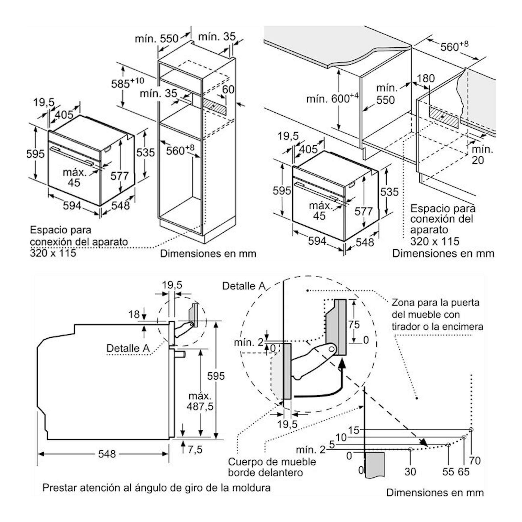Bosch HRG7361B1 negro, esquema técnico de instalación de horno empotrable con medidas en mm.