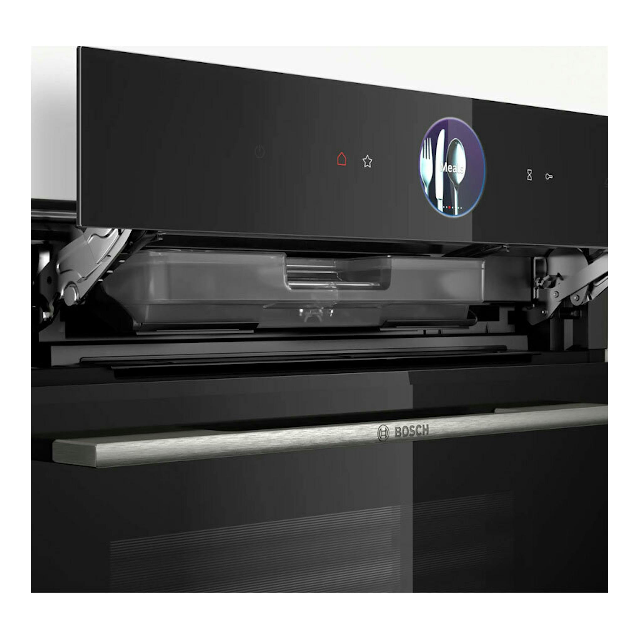 Horno Bosch HRG7361B1 negro, visto de frente con la puerta abierta y panel táctil superior.