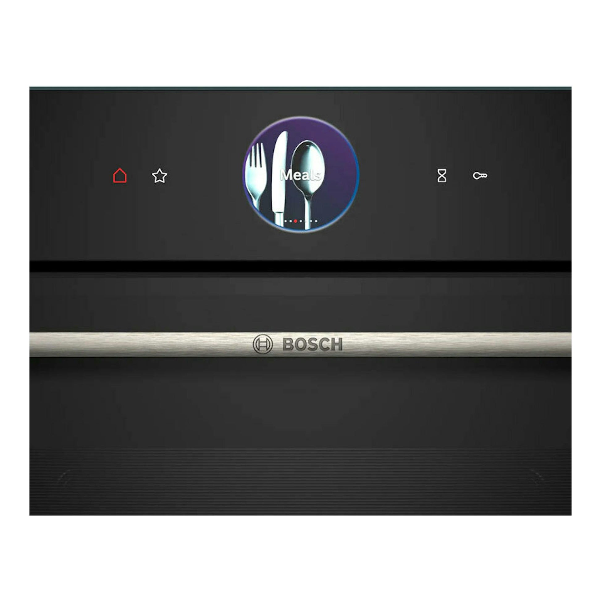 Horno Bosch HRG7361B1 negro, vista frontal, con panel táctil y franja metálica con el logo Bosch.