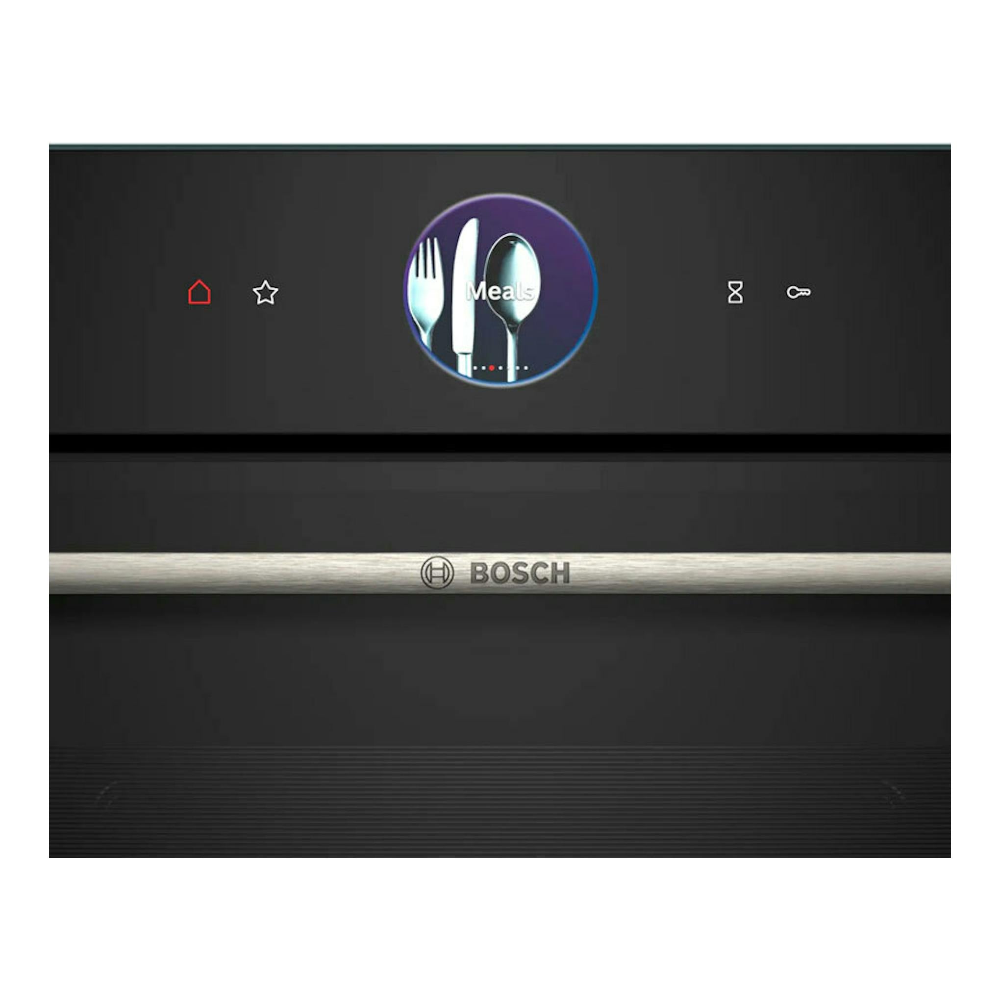 Horno Bosch HRG7361B1 negro, vista frontal, con panel táctil y franja metálica con el logo Bosch.